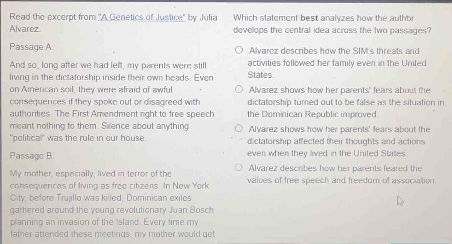 read the excerpt from \a genetics of justice\ by julia alvarez. passage…