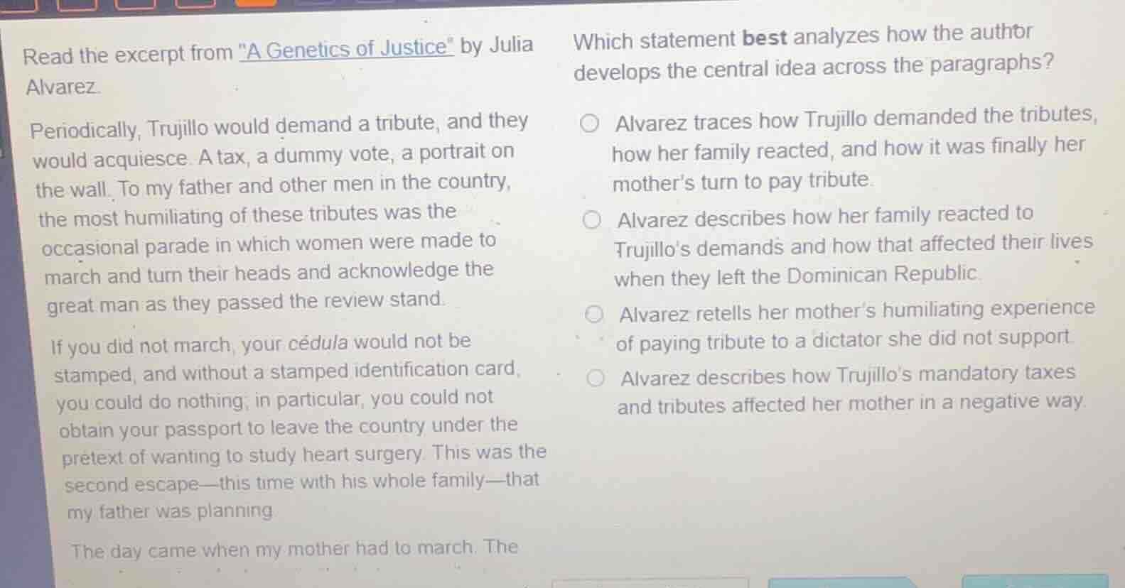 read the excerpt from \a genetics of justice\ by julia alvarez. periodi…