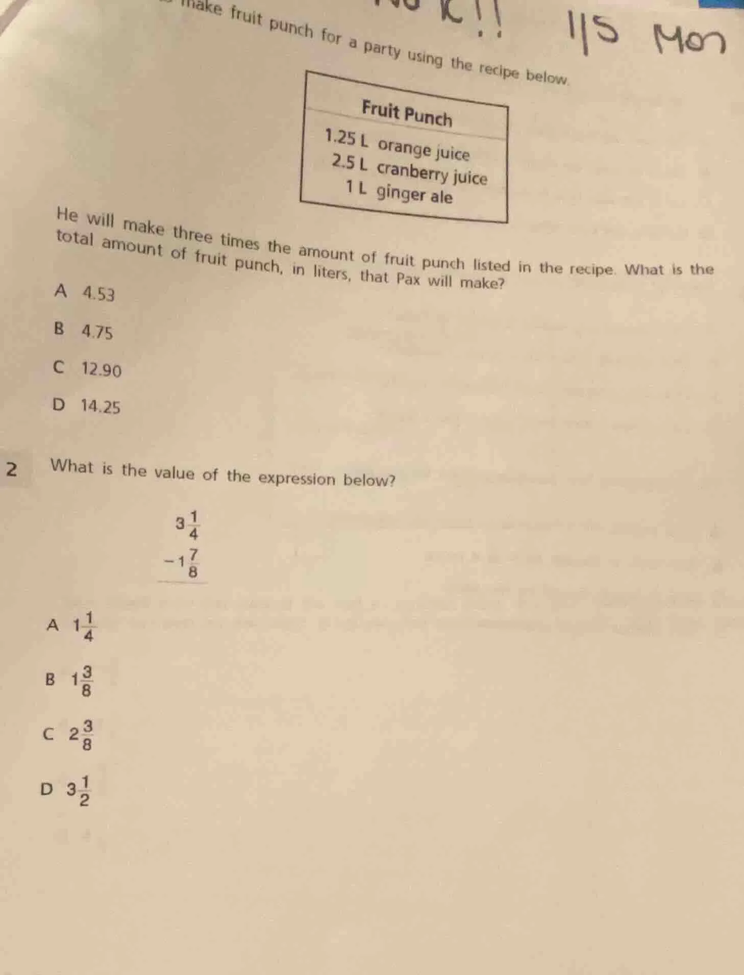 make fruit punch for a party using the recipe below. fruit punch 1.25 l…