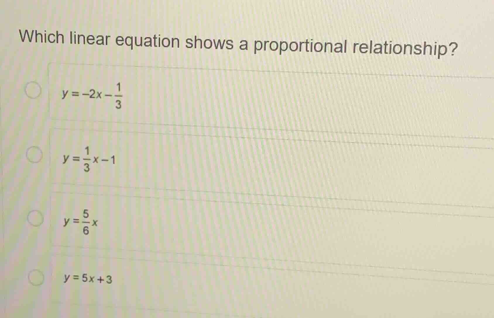 which linear equation shows a proportional relationship? \\( y = -2x - …