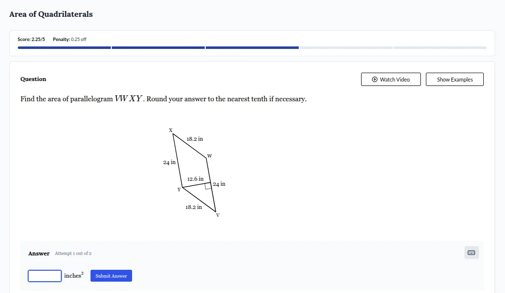 area of quadrilaterals score: 2.25/5 penalty: 0.25 off question find th…
