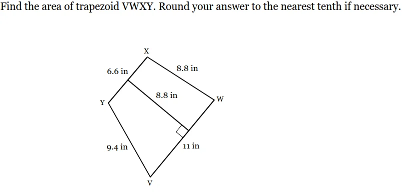 find the area of trapezoid vwxy. round your answer to the nearest tenth…