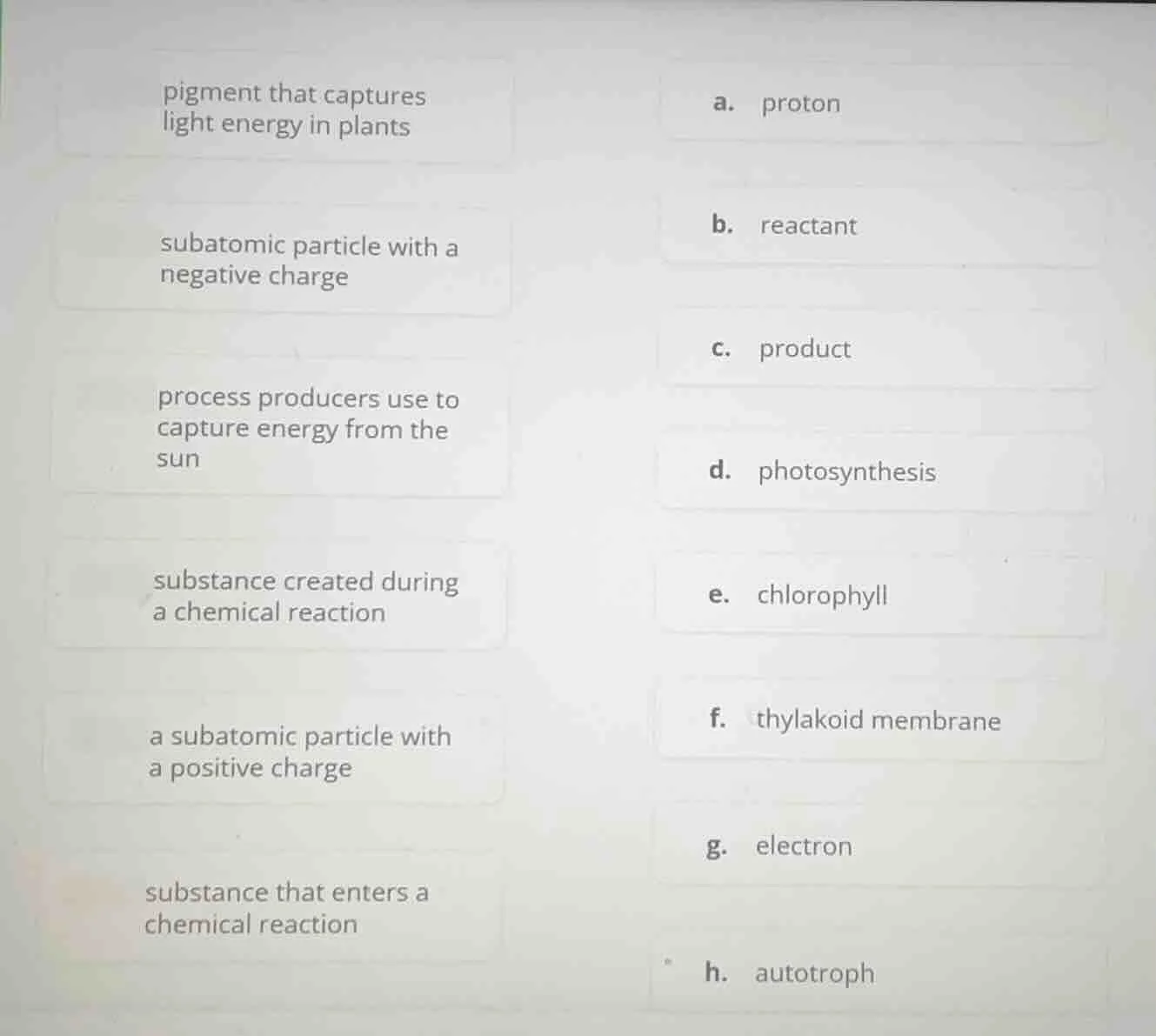 pigment that captures light energy in plants a. proton subatomic partic…