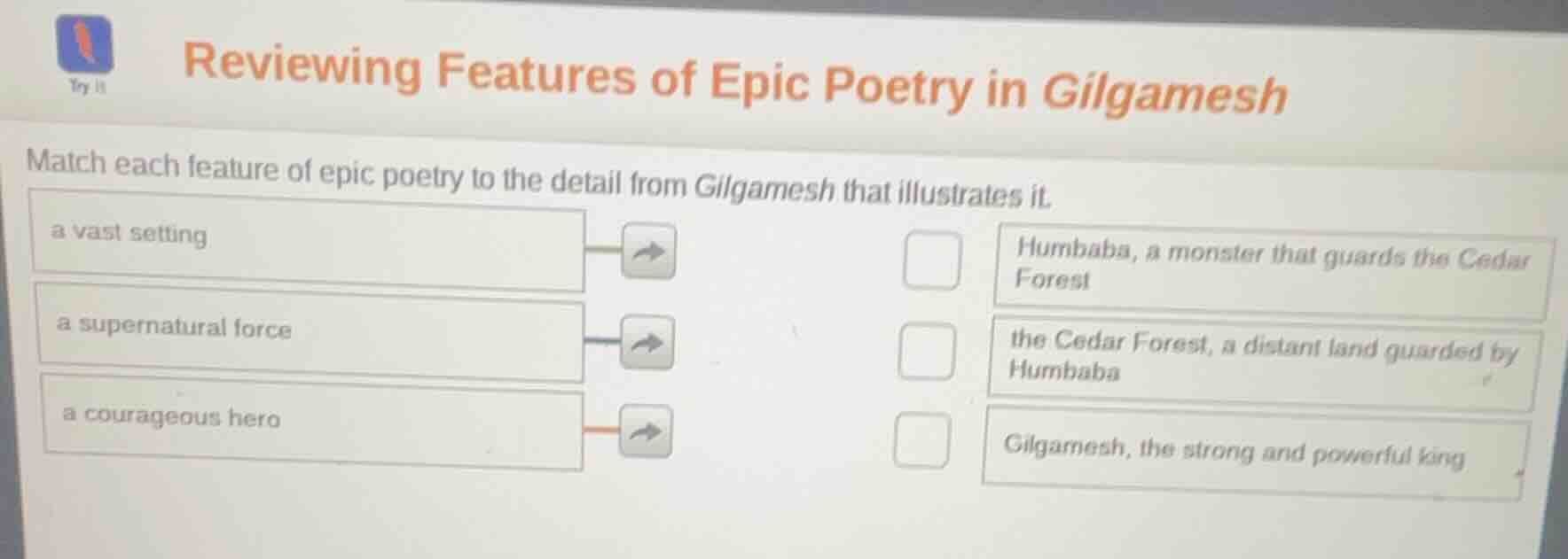 reviewing features of epic poetry in gilgamesh match each feature of ep…