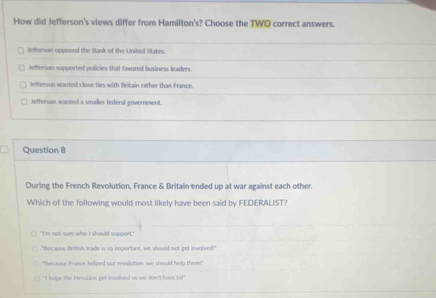 how did jeffersons views differ from hamiltons? choose the two correct …