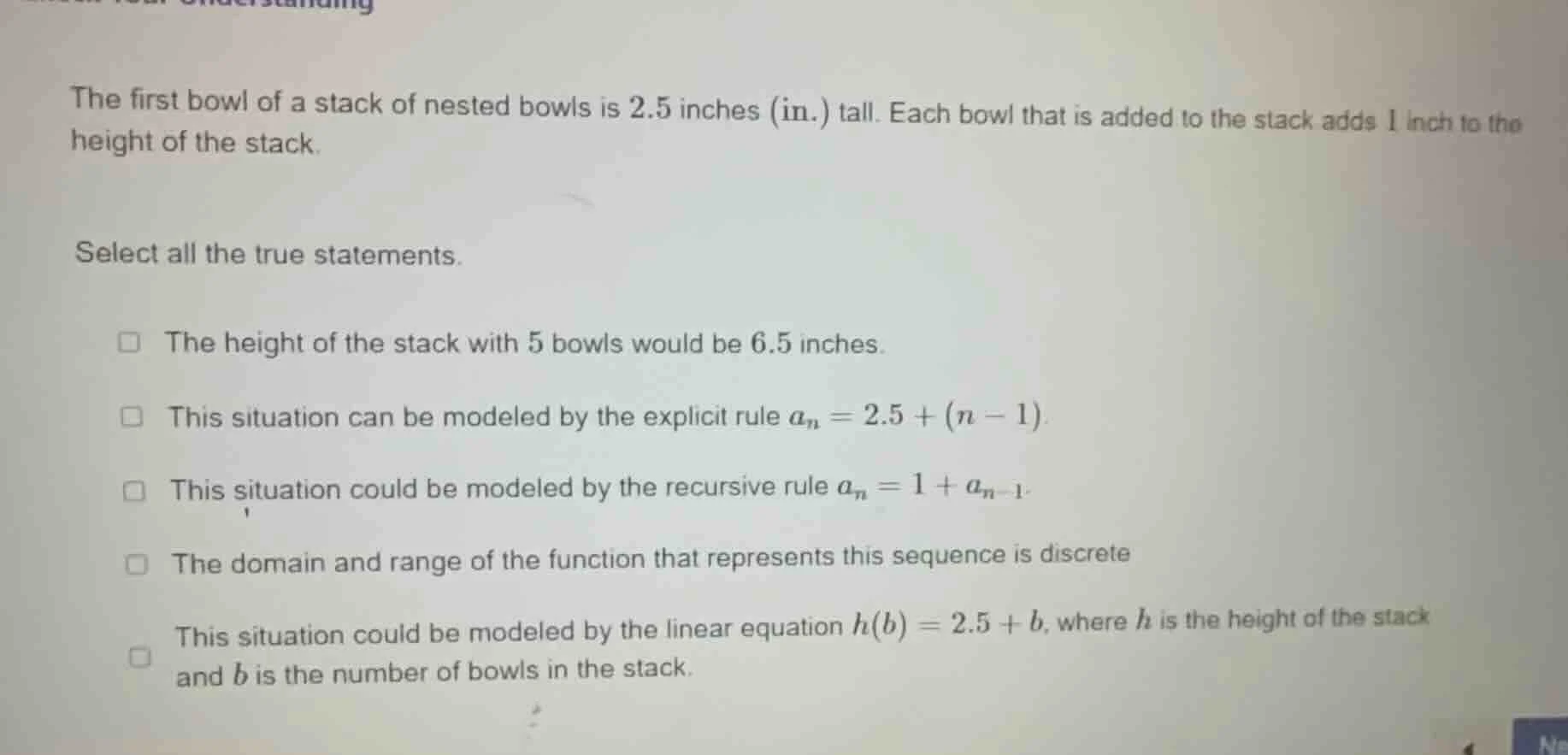 the first bowl of a stack of nested bowls is 2.5 inches (in.) tall. eac…