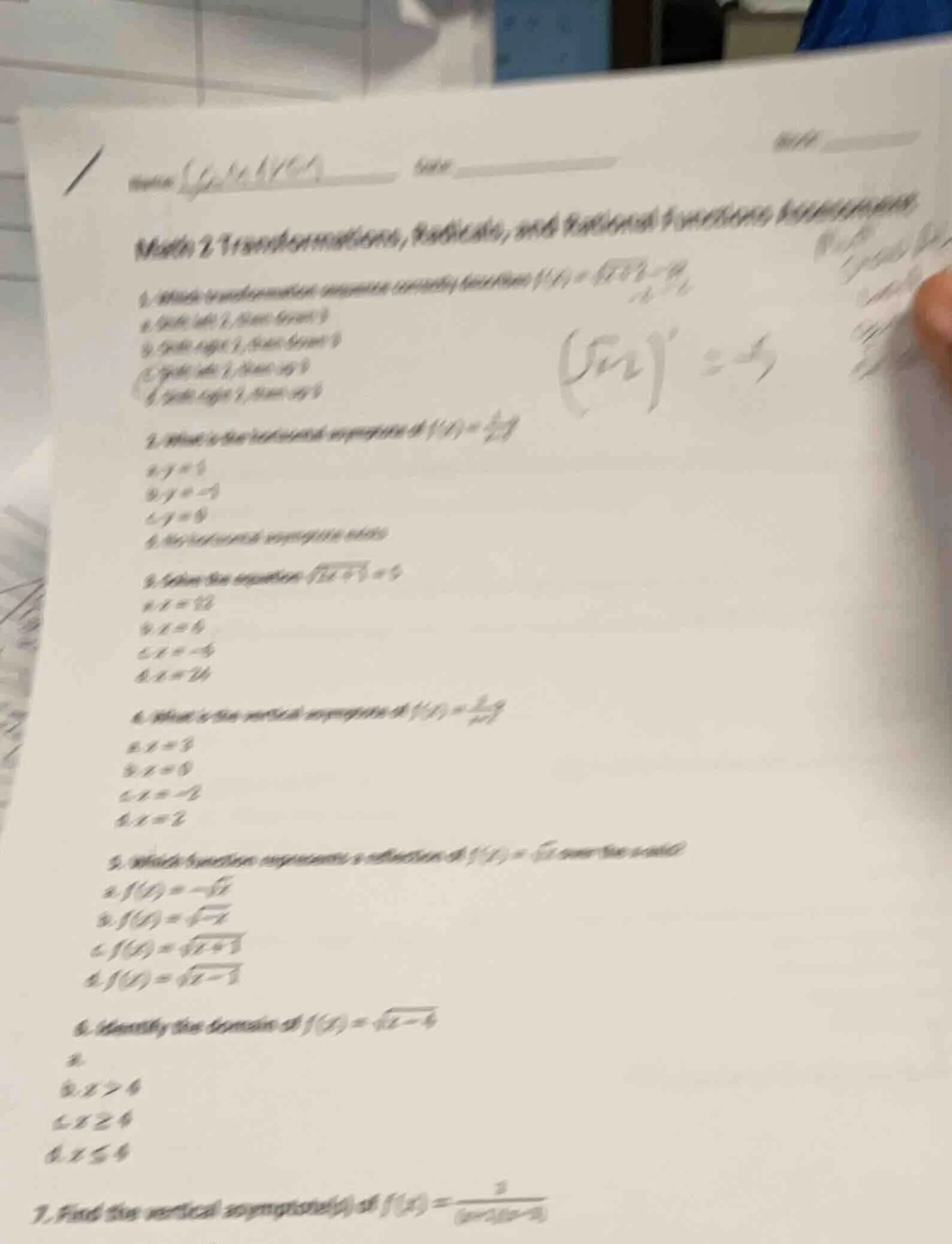math 2: transformations, radicals, and rational functions assessment 1.…