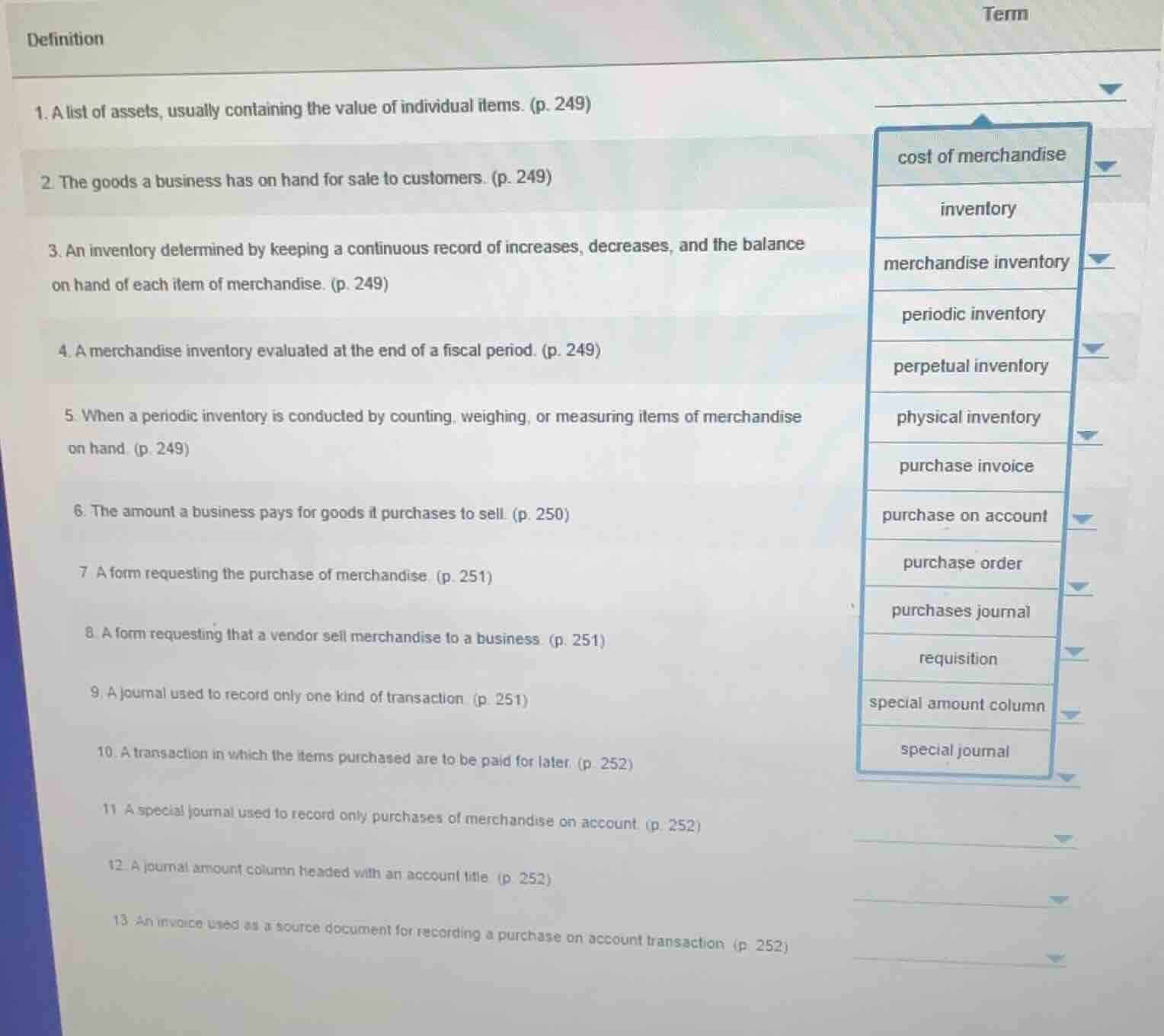 definition term 1. a list of assets, usually containing the value of in…