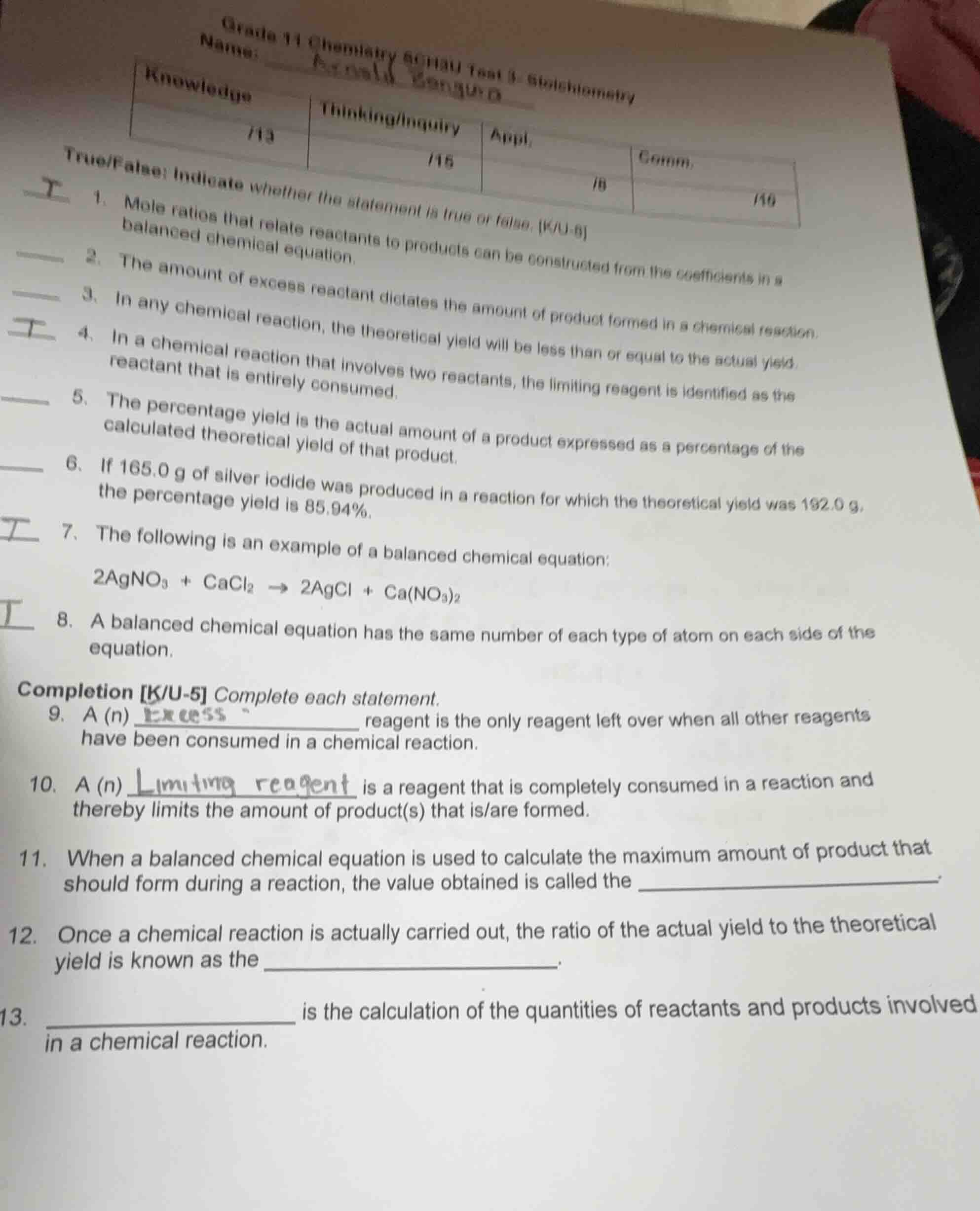 grade 11 chemistry scn3u test 5: stoichiometry name: | knowledge /13 | …