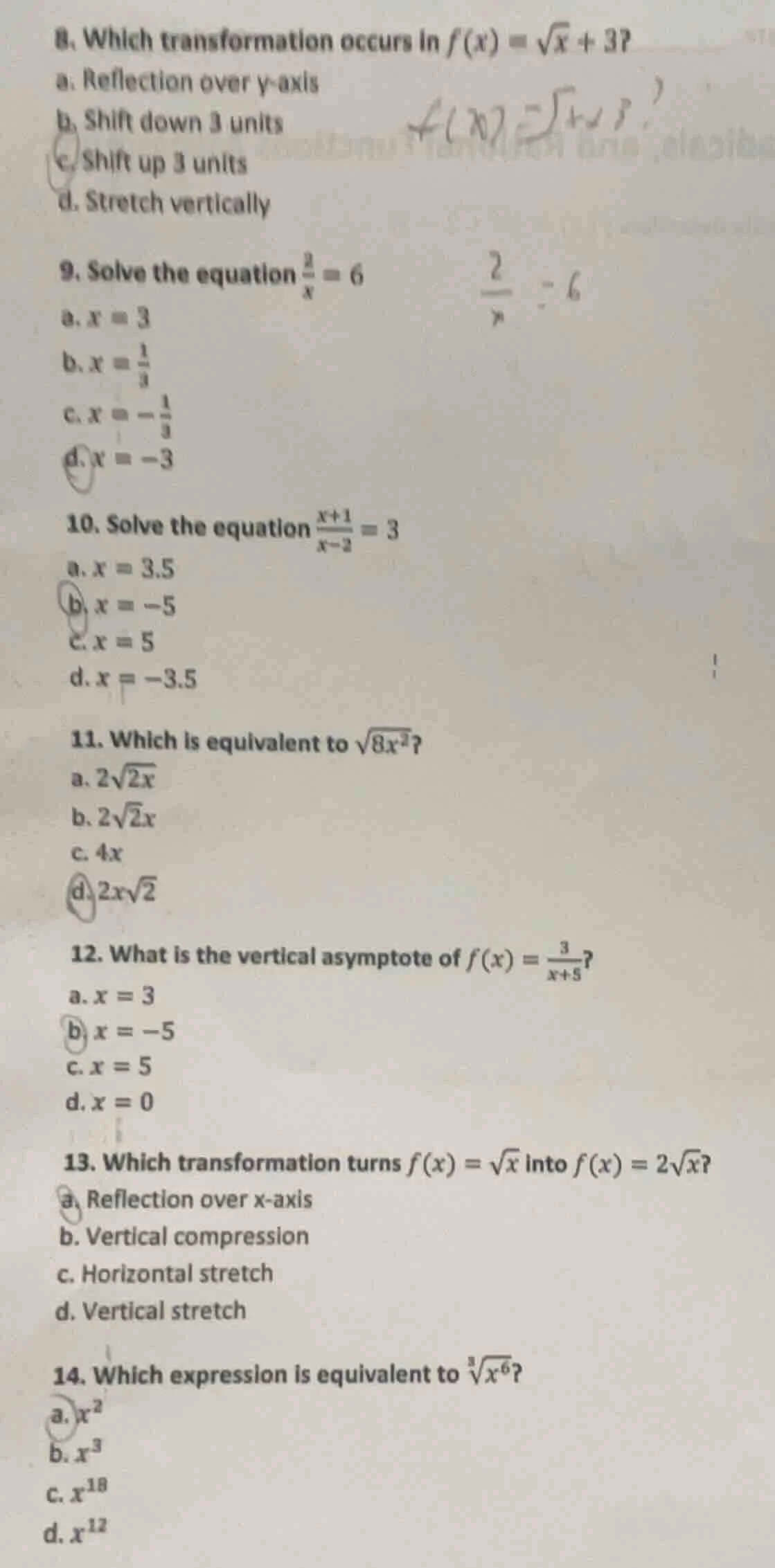 8. which transformation occurs in $f(x) = \\sqrt{x} + 3$? a. reflection…