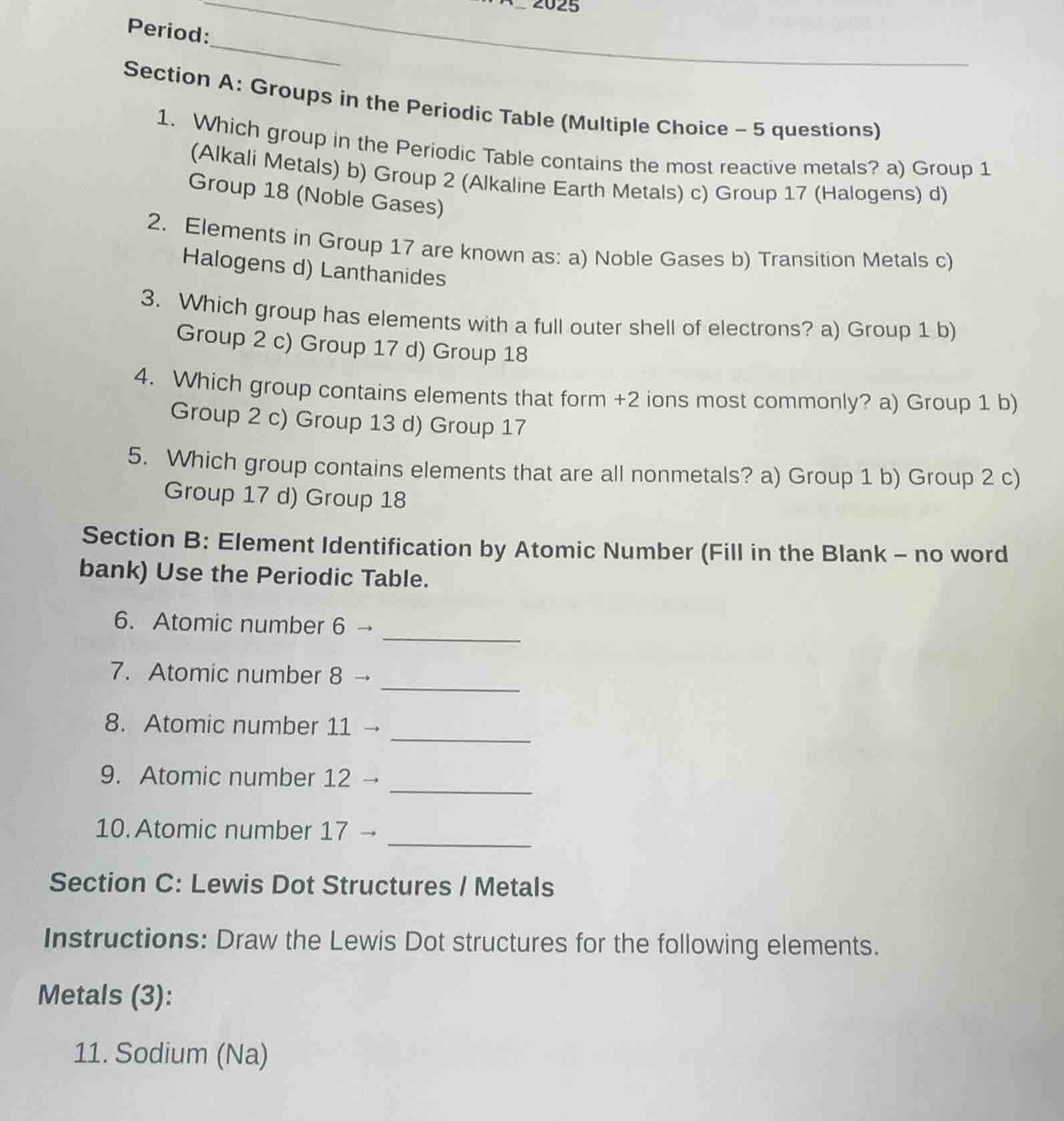 period: section a: groups in the periodic table (multiple choice – 5 qu…