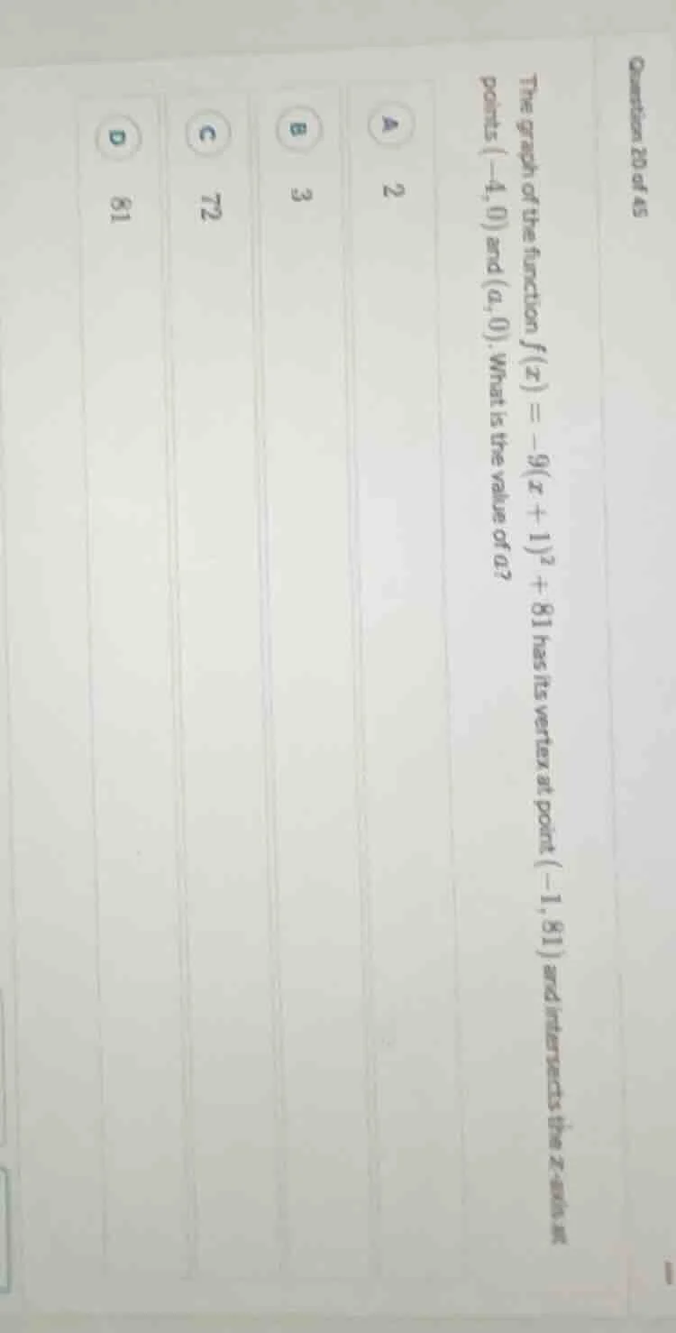 question 20 of 45 the graph of the function $f(x) = -9(x + 1)^2 + 81$ h…