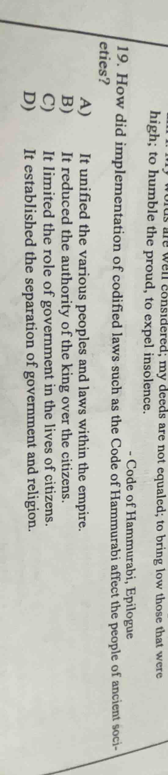 19. how did implementation of codified laws such as the code of hammura…