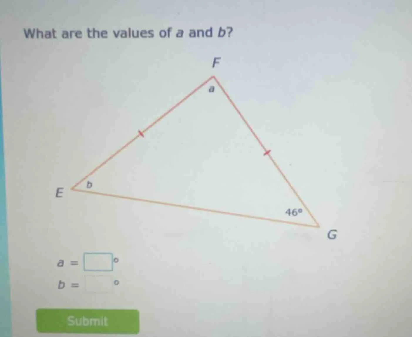 what are the values of a and b? (there is a triangle efg with f at the …