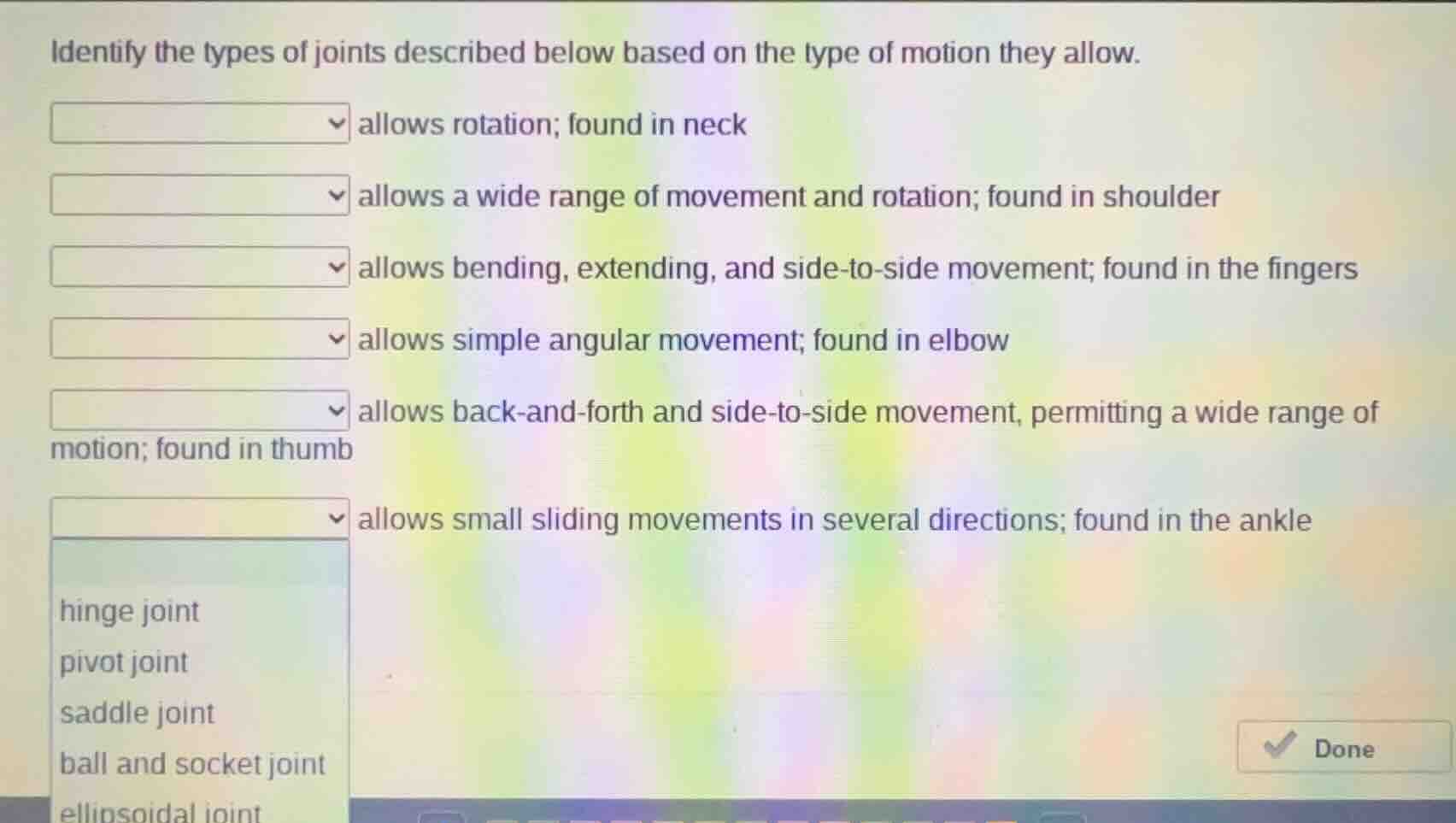 identify the types of joints described below based on the type of motio…