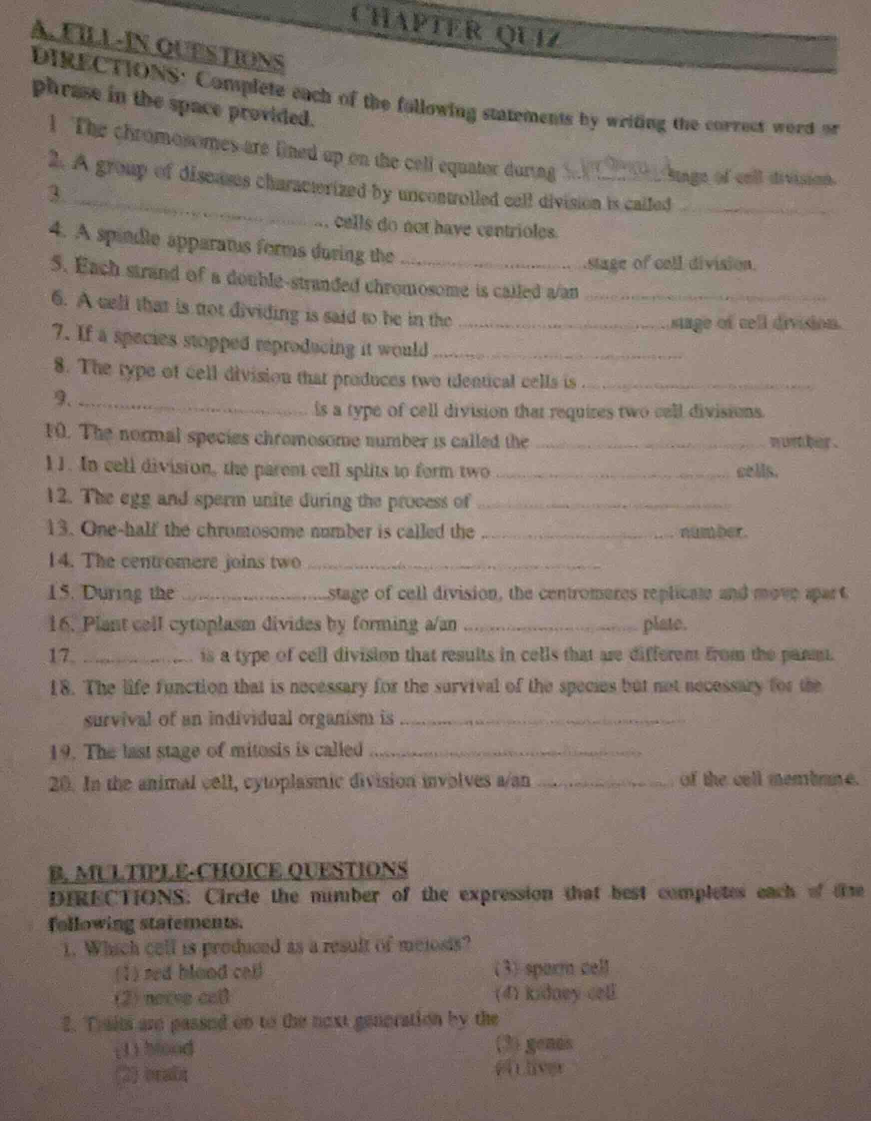 chapter quiz a. fill-in questions directions: complete each of the foll…