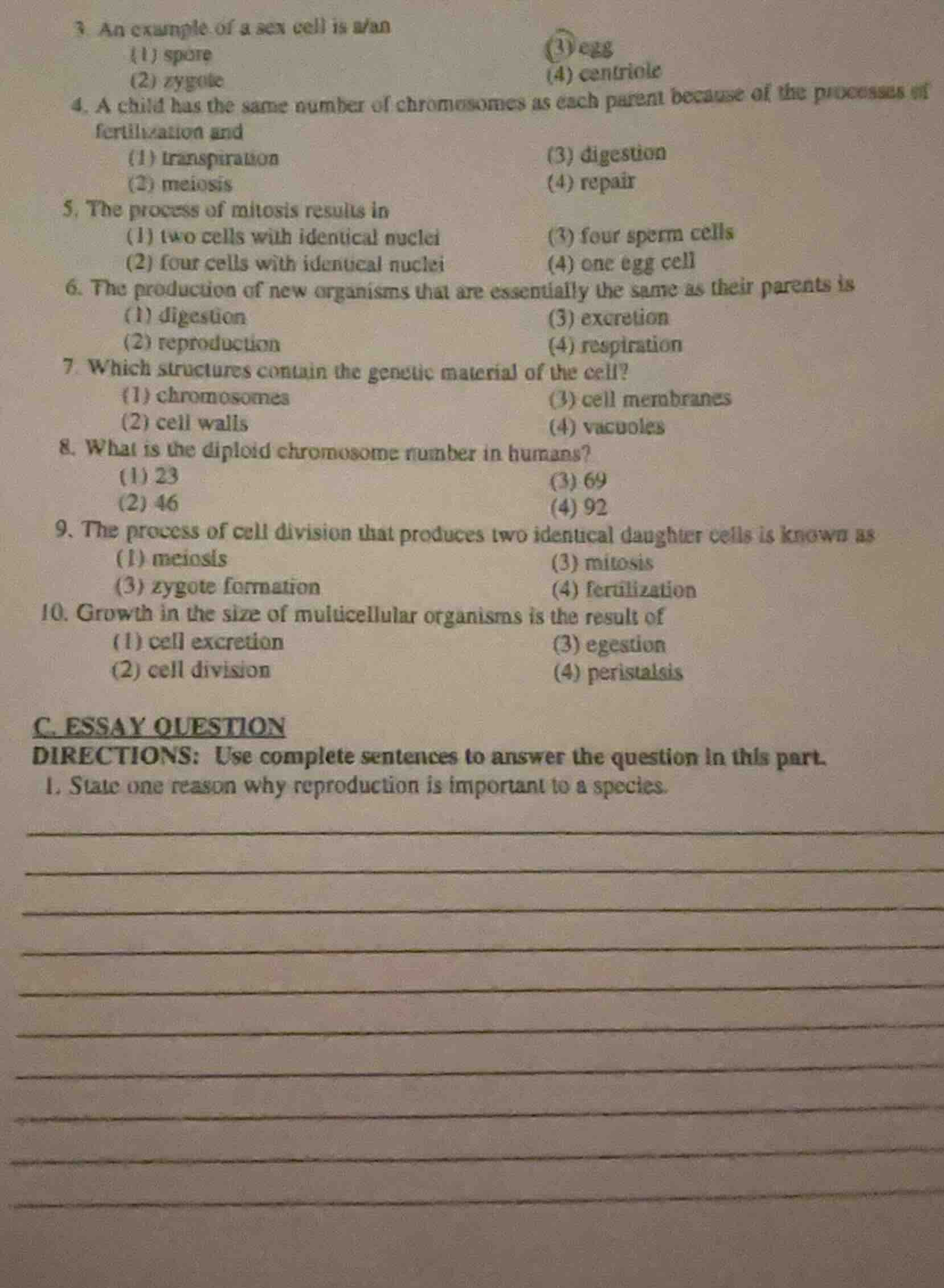 3. an example of a sex cell is a/an (1) spore (2) zygote (3) egg (4) ce…