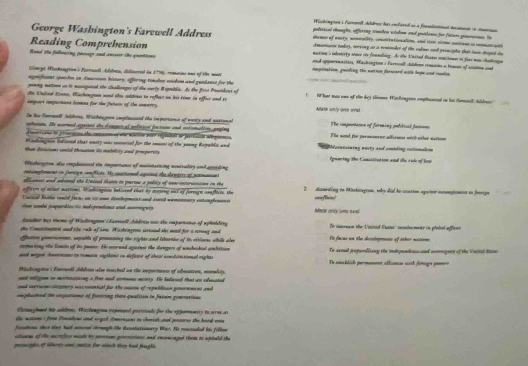 george washington’s farewell address reading comprehension read the fol…