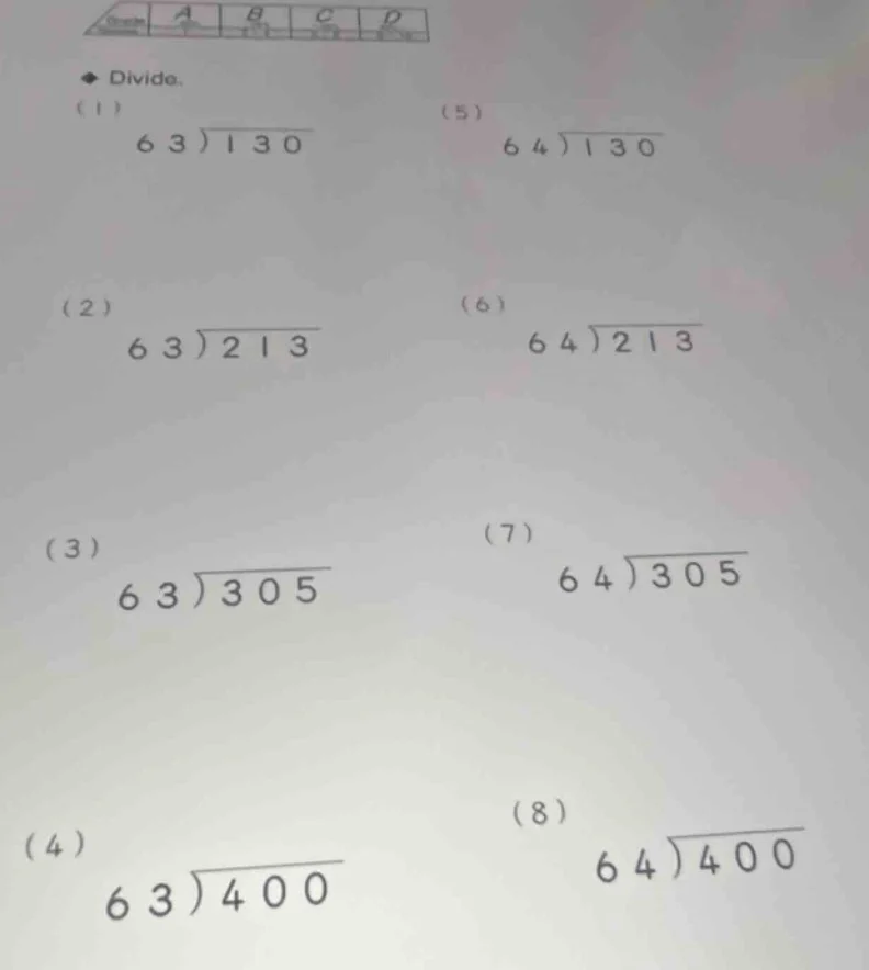 divide. (1) \\ \\begin{array}{r} 63 \\enclose{longdiv}{130} \\end{array…