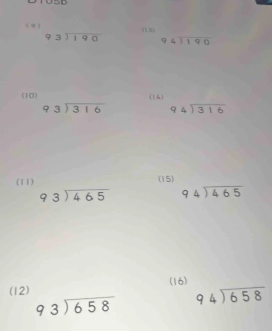 (9) \\( 93 \\enclose{longdiv}{190} \\) (13) \\( 94 \\enclose{longdiv}{1…