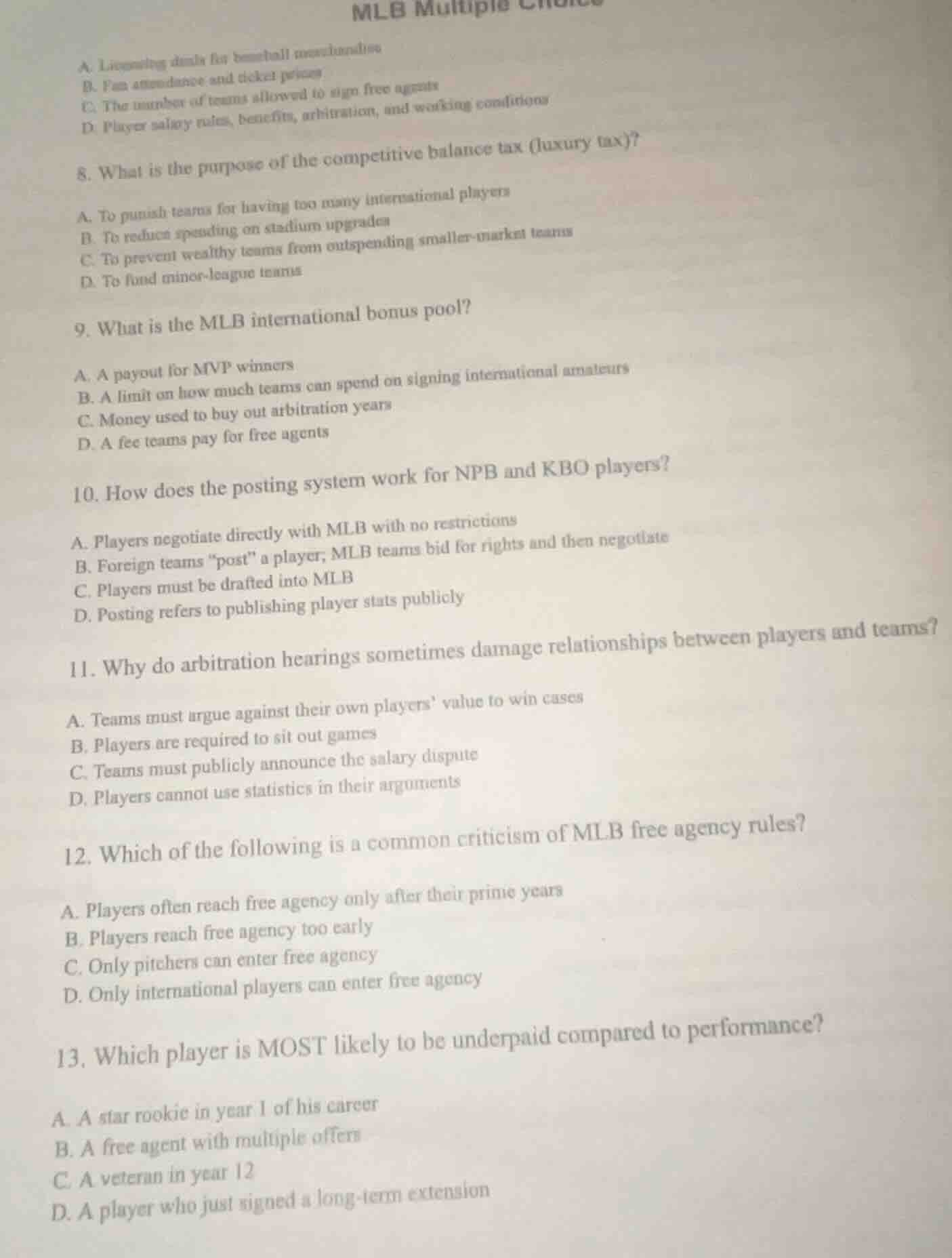 mlb multiple choice a. licensing deals for baseball merchandise b. fan …