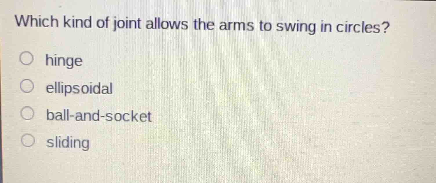 which kind of joint allows the arms to swing in circles? ○ hinge ○ elli…