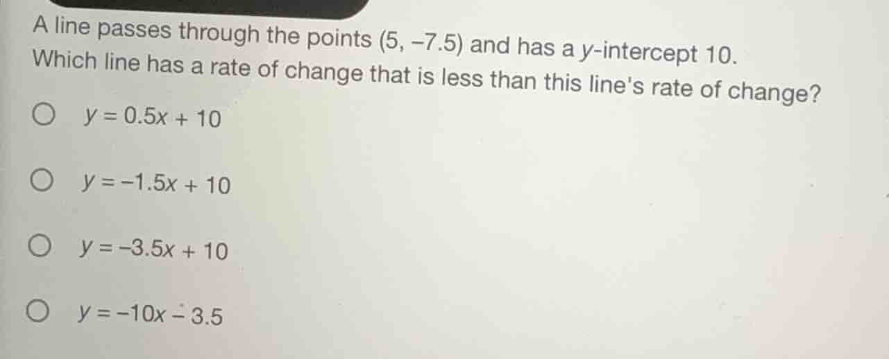a line passes through the points (5, -7.5) and has a y-intercept 10. wh…