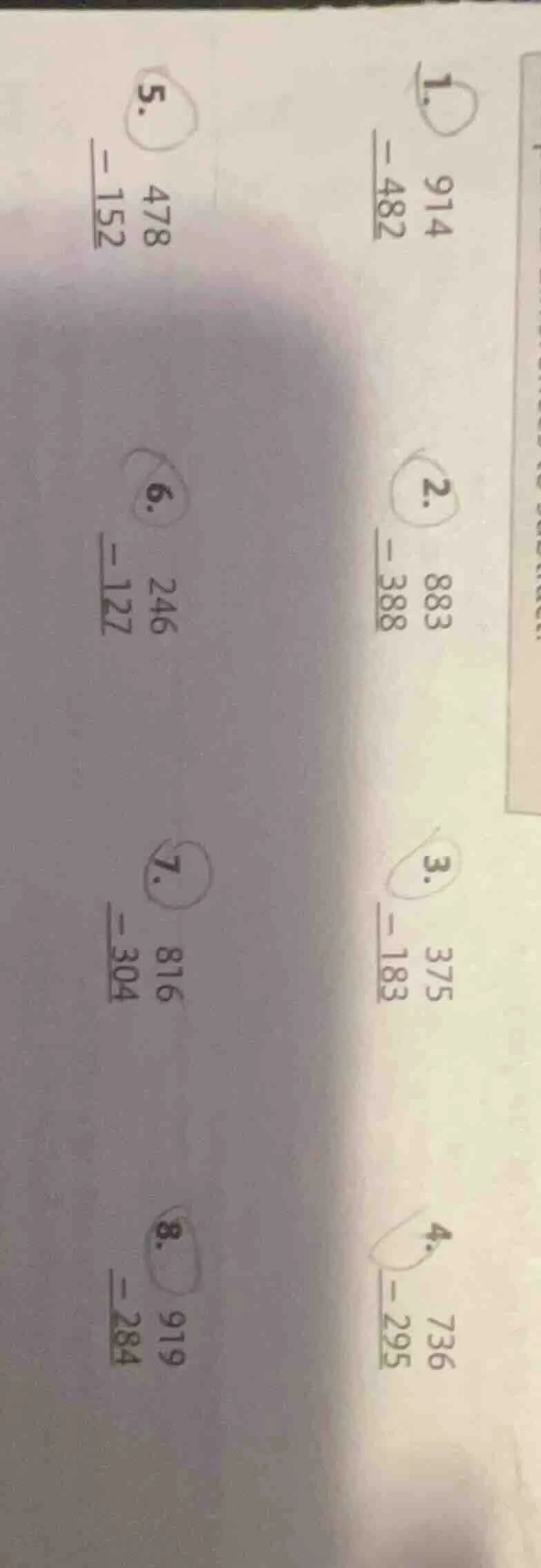1. $\begin{array}{r}914\\ -482\\ hlineend{array}$ 2. $\begin{array}{r}8…