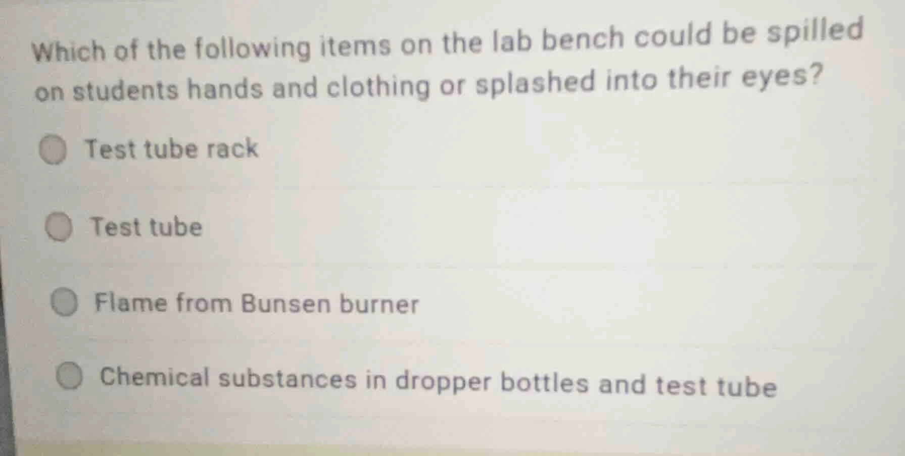 which of the following items on the lab bench could be spilled on stude…