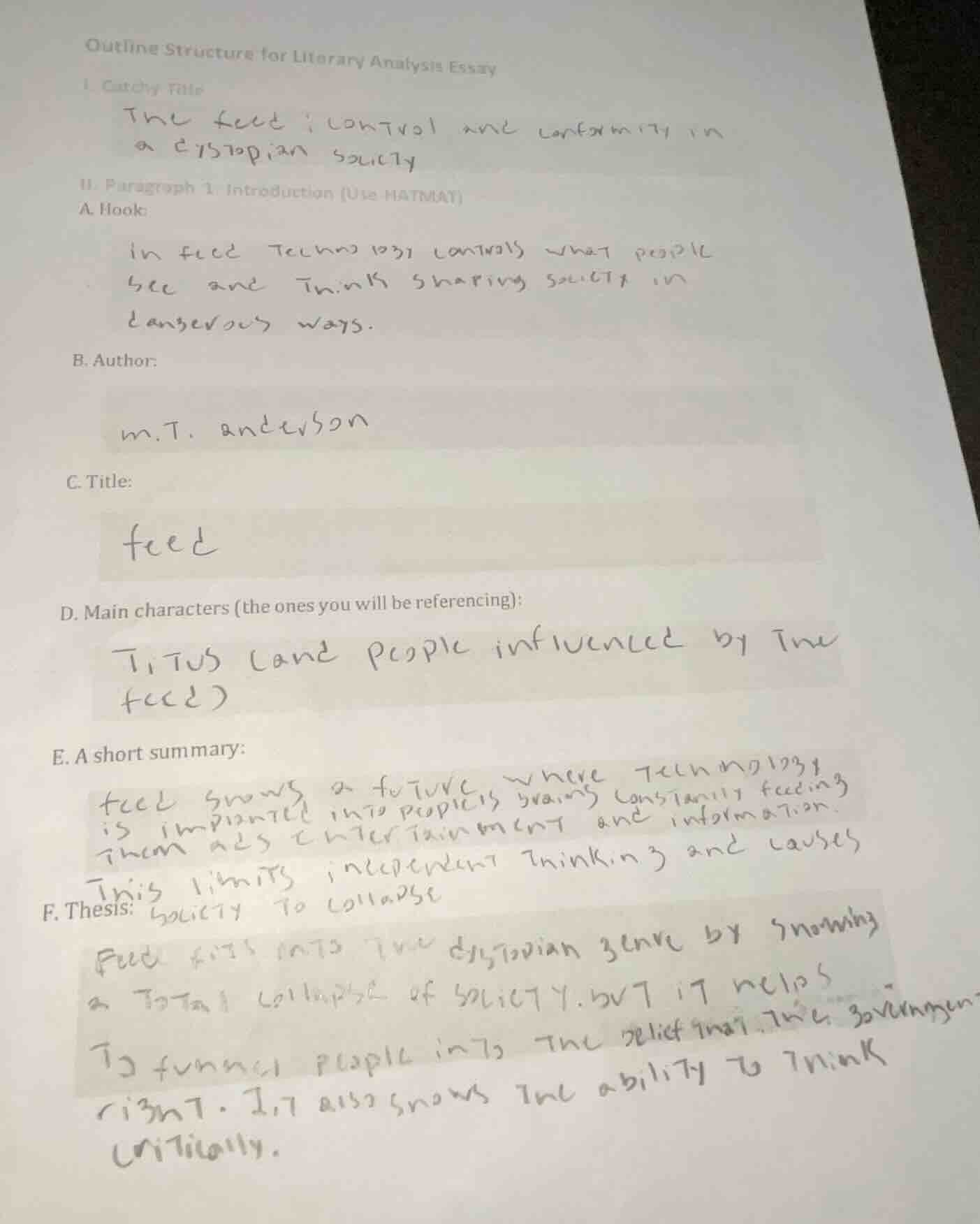 outline structure for literary analysis essay i. catchy title the feed …