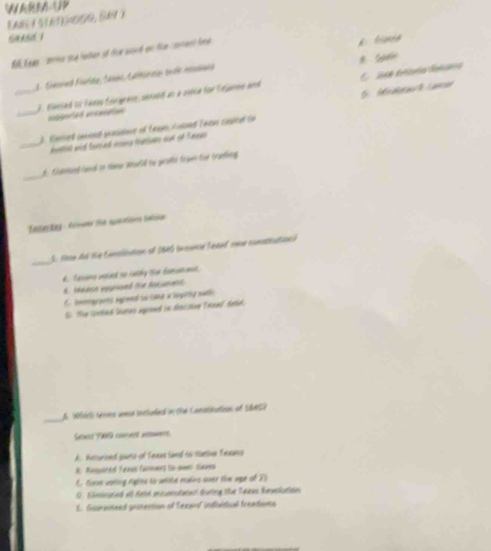 warm-up early settlements, part 1 grade 7 match: write the letter of th…