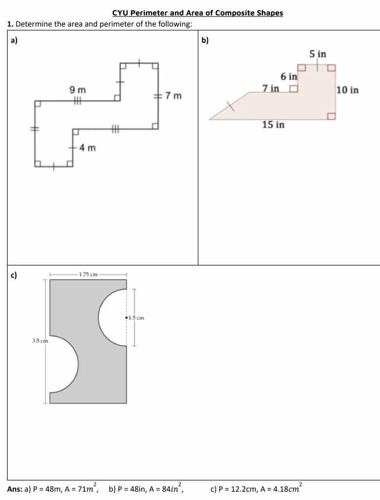 cyu perimeter and area of composite shapes 1. determine the area and pe…