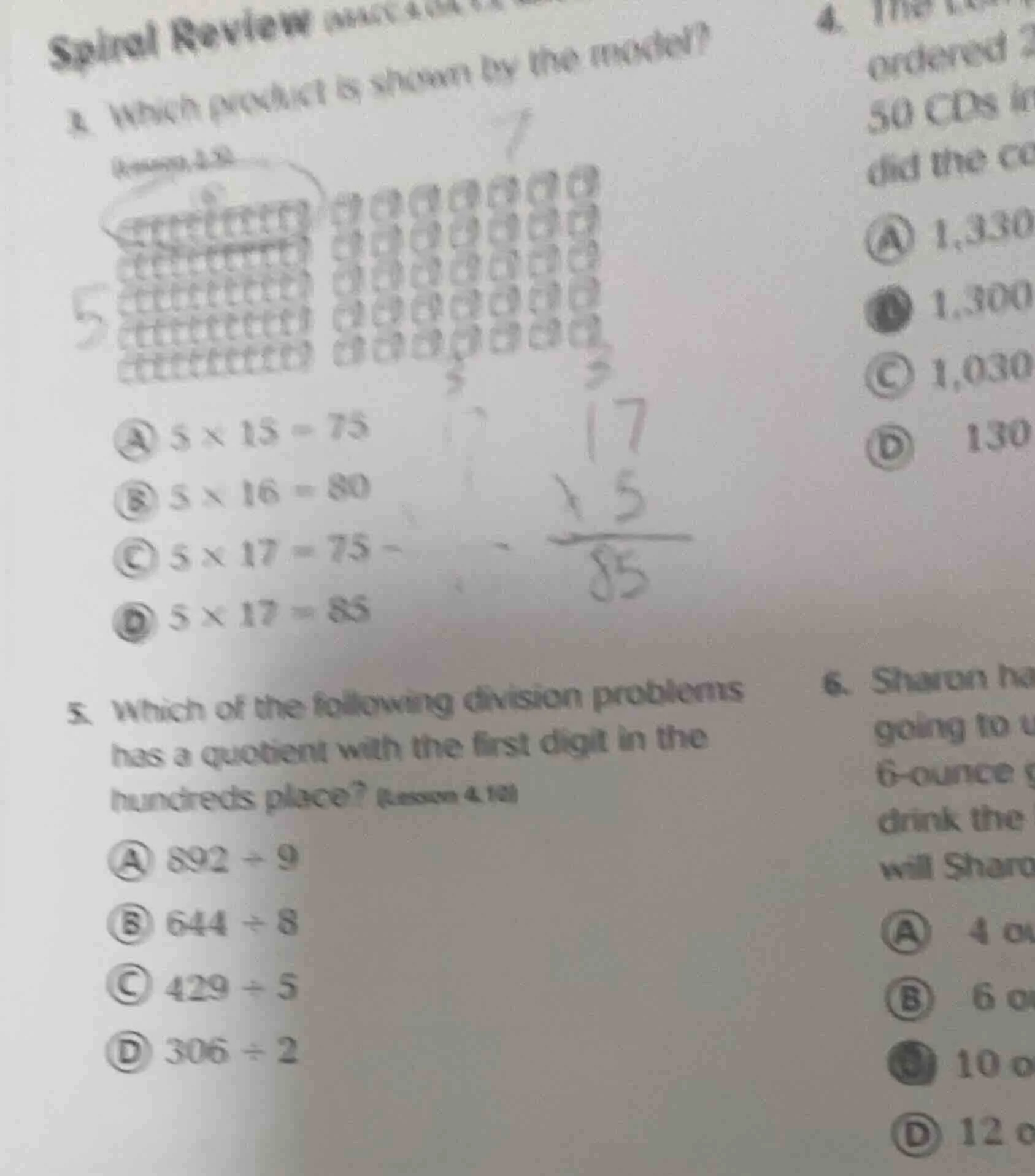 spiral review 4. which product is shown by the model? a ( 5 \times 15 =…