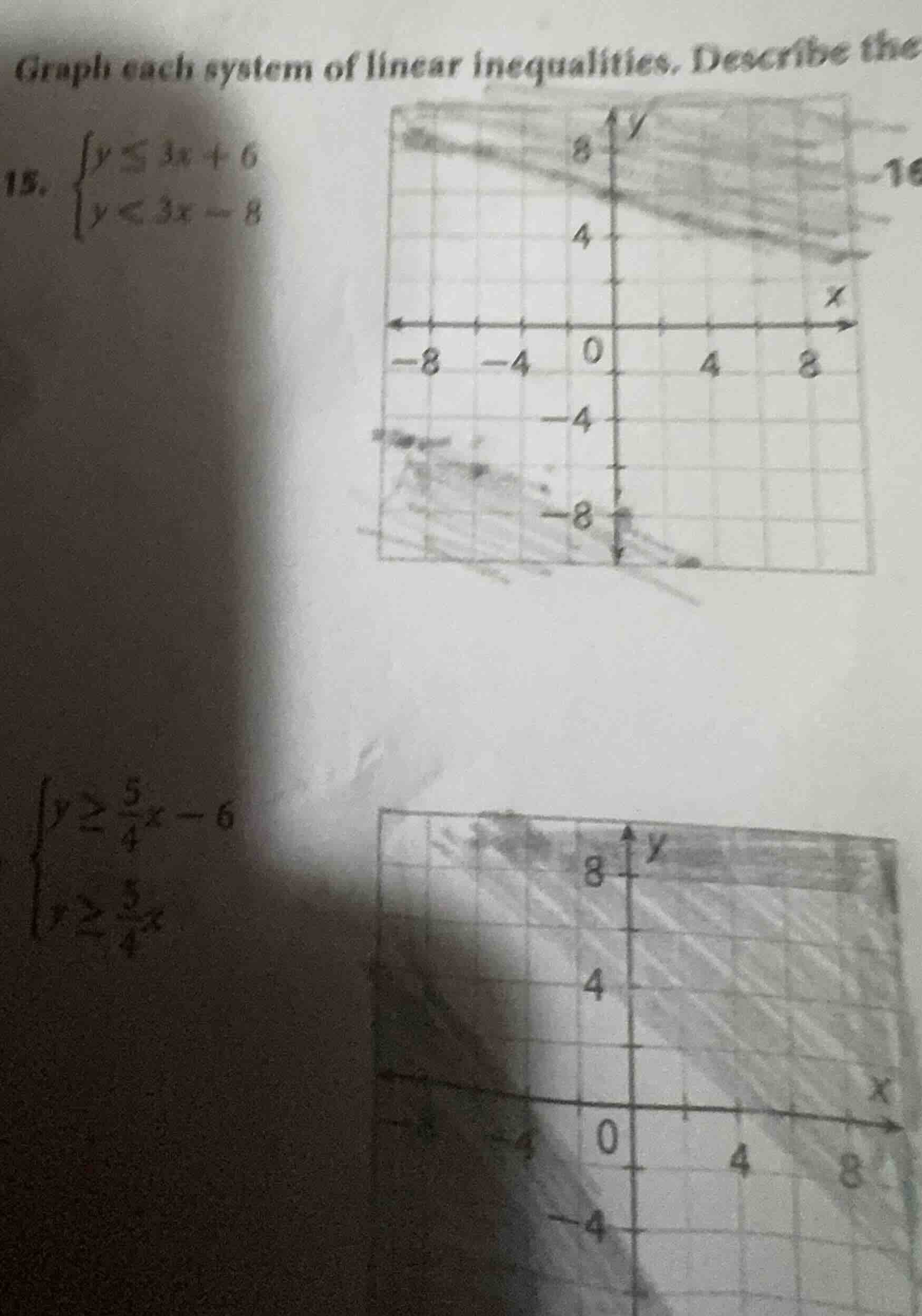 graph each system of linear inequalities. describe the 15. \\begin{case…