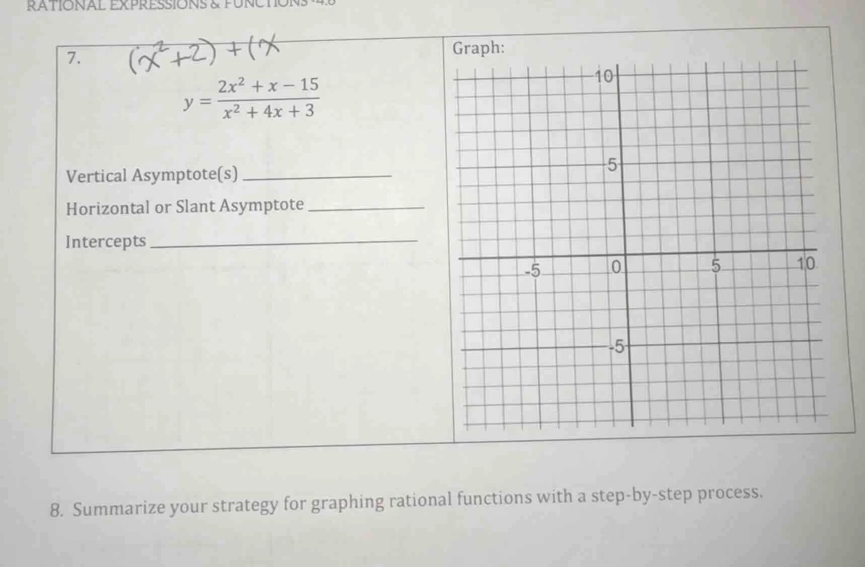 7. $y = \\frac{2x^2 + x - 15}{x^2 + 4x + 3}$ vertical asymptote(s) ____…