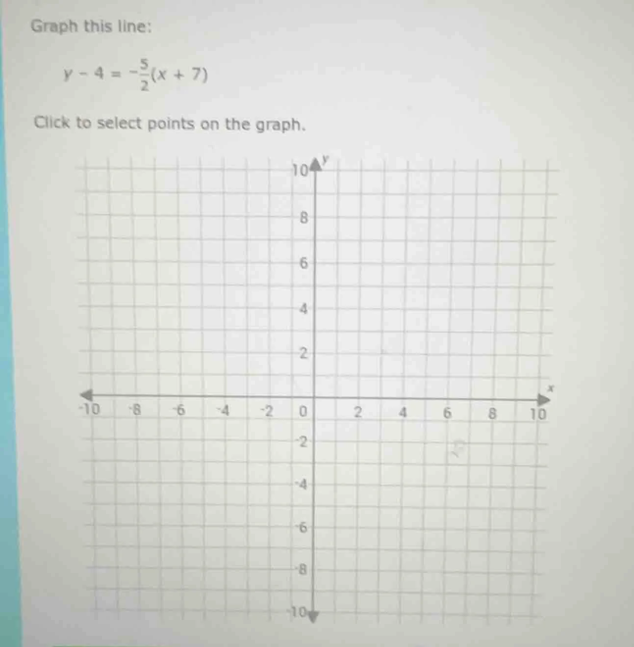 graph this line: $y - 4 = -\frac{5}{2}(x + 7)$ click to select points o…