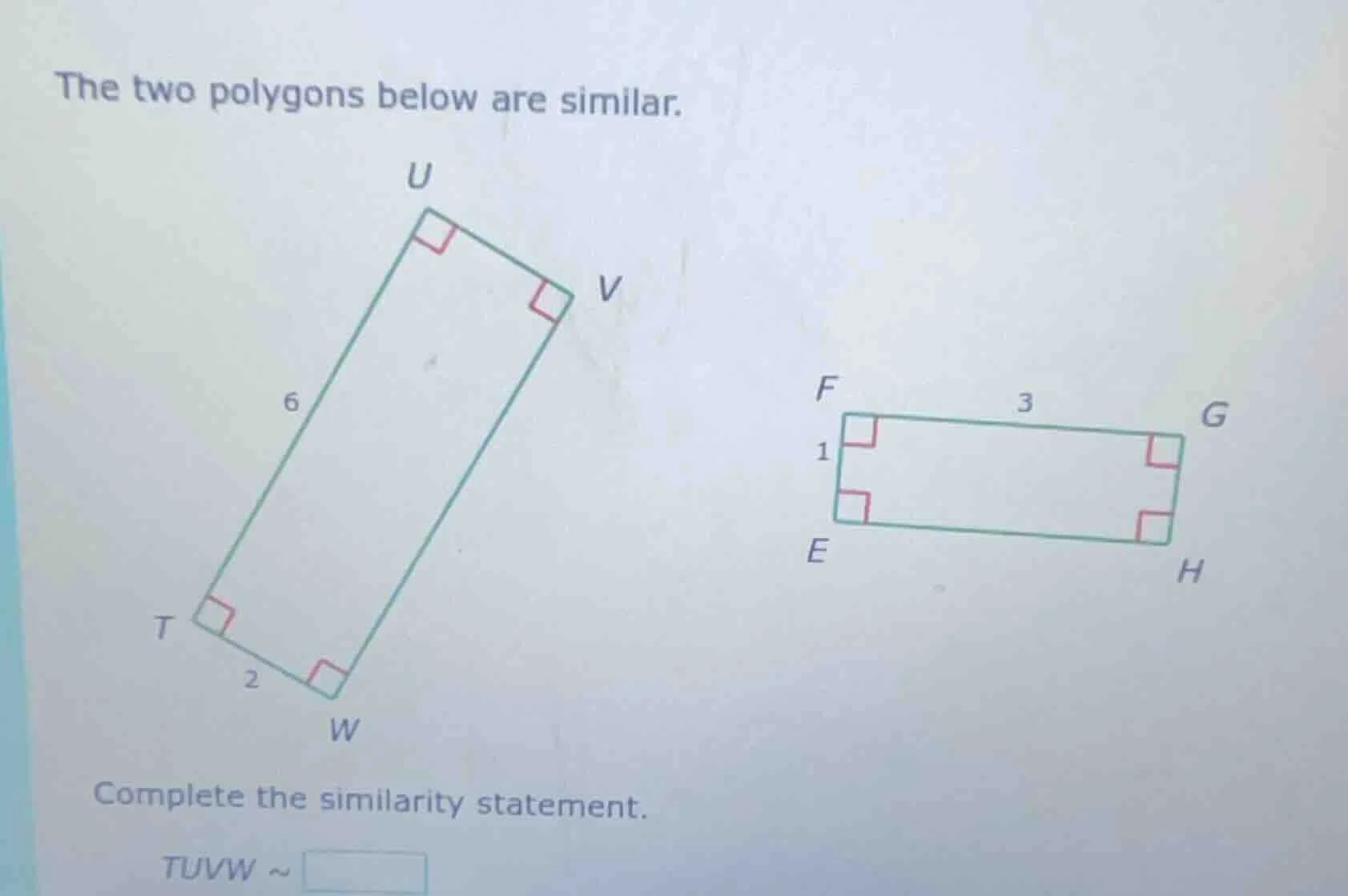 the two polygons below are similar. complete the similarity statement. …