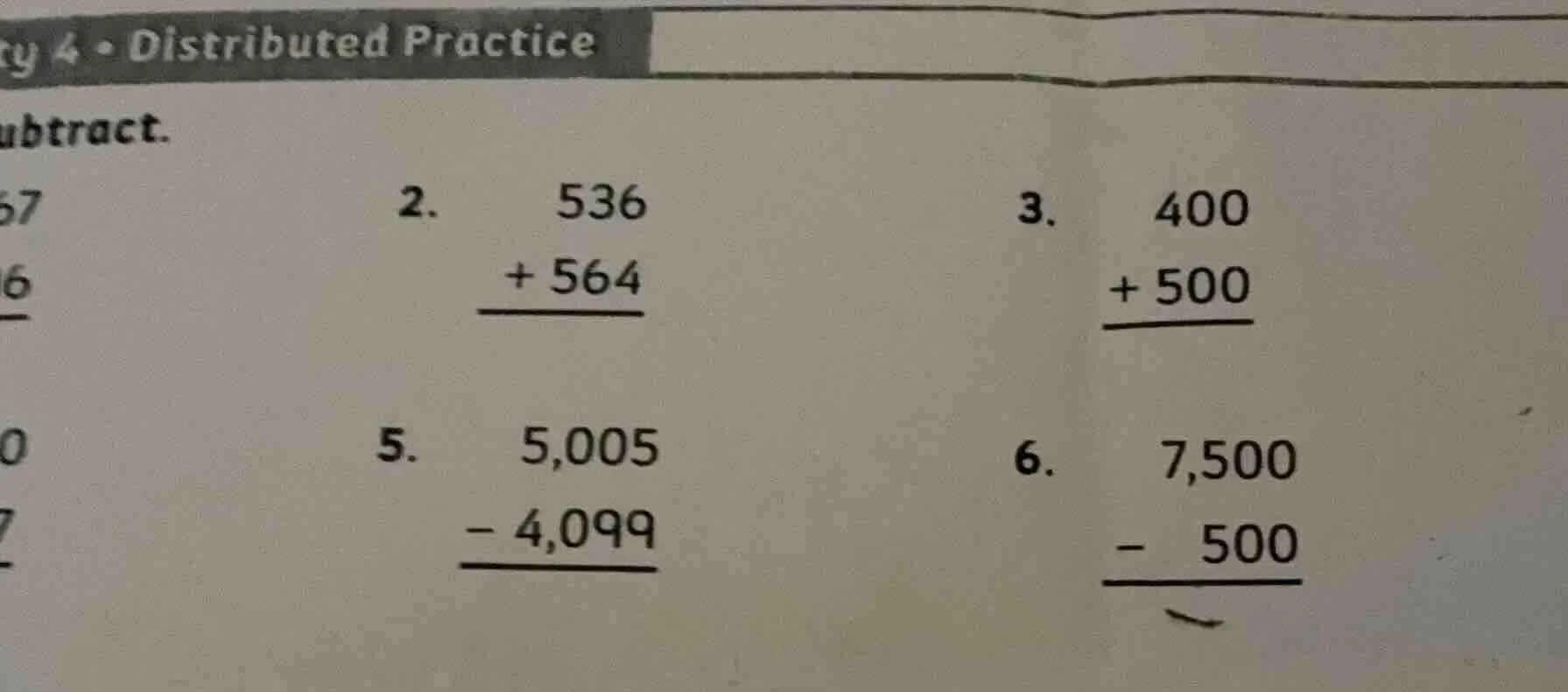 ty 4 - distributed practice ubtract. 67 2. 536 3. 400 6 + 564 + 500 0 5…