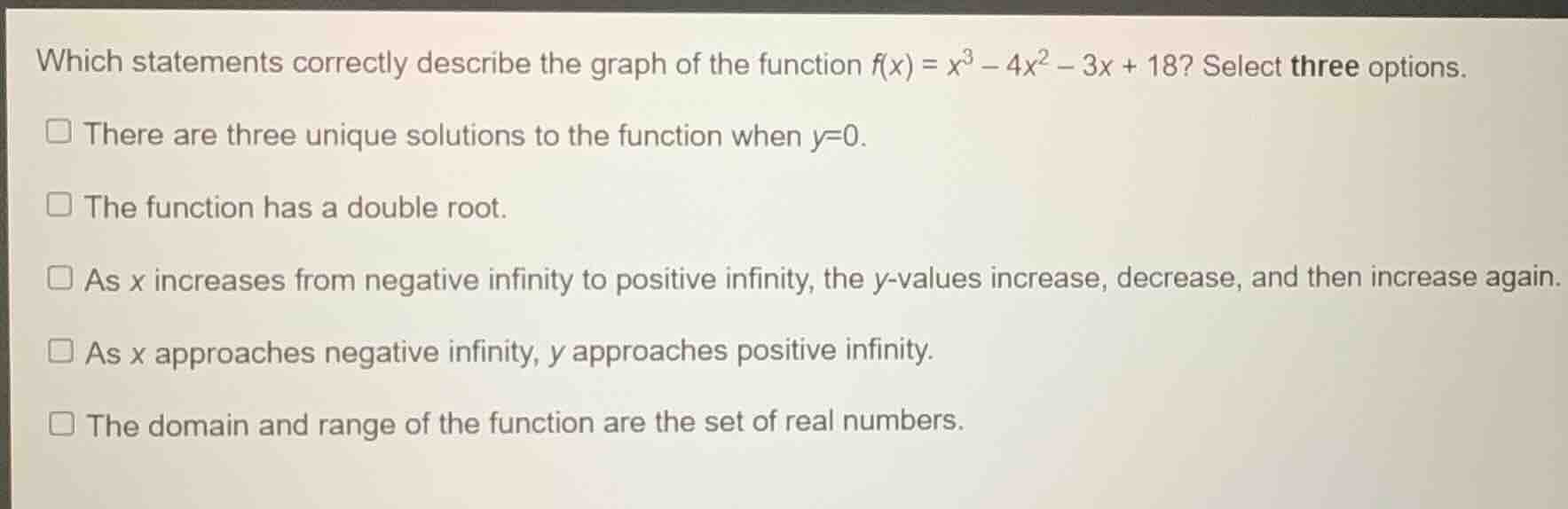 which statements correctly describe the graph of the function $f(x) = x…