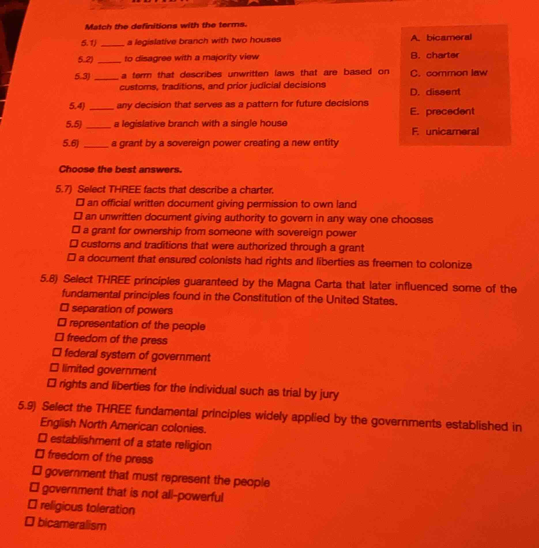 match the definitions with the terms. 5.1) ______ a legislative branch …