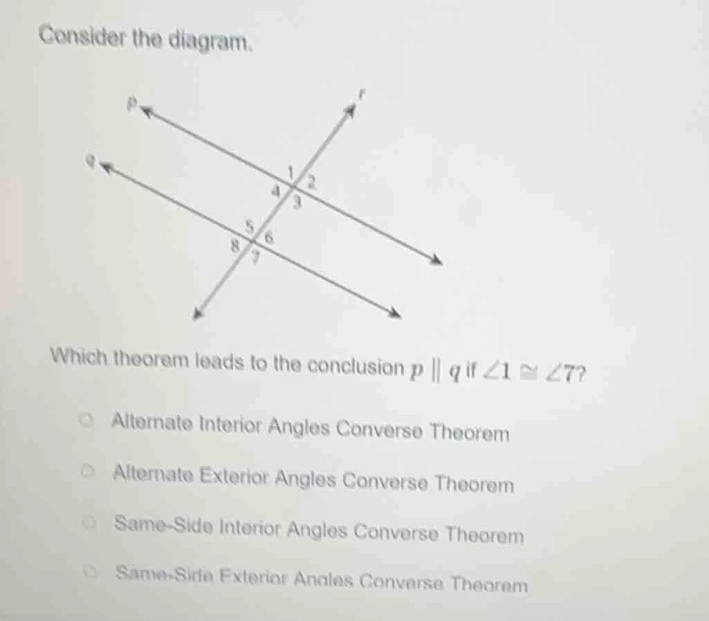 consider the diagram. diagram of two parallel lines p and q cut by a tr…