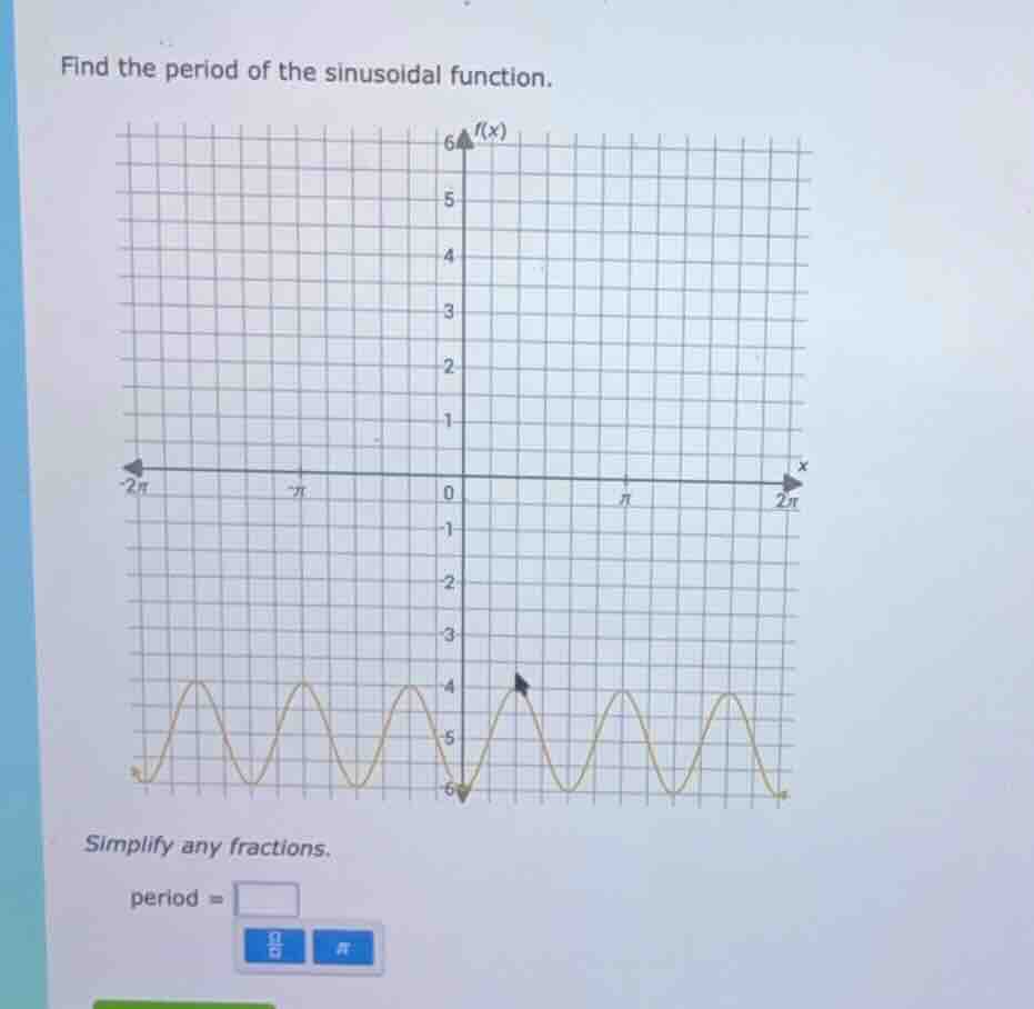 find the period of the sinusoidal function. simplify any fractions. per…