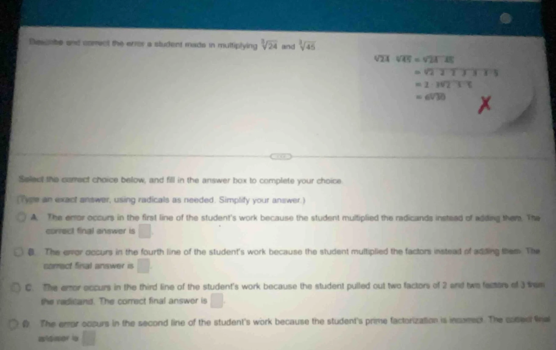 describe and correct the error a student made in multiplying $sqrt3{24}…