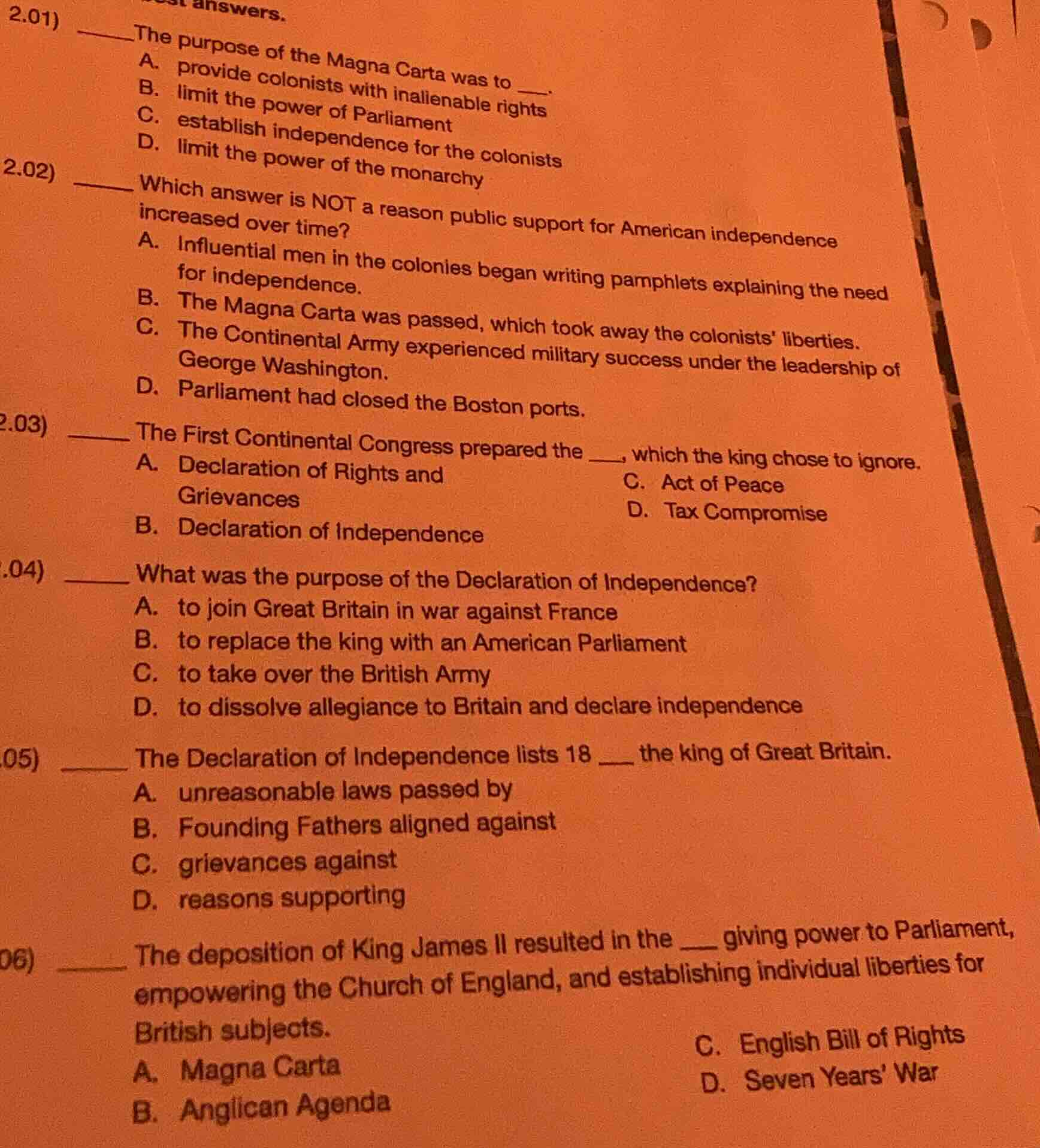 2.01) the purpose of the magna carta was to ___. a. provide colonists w…