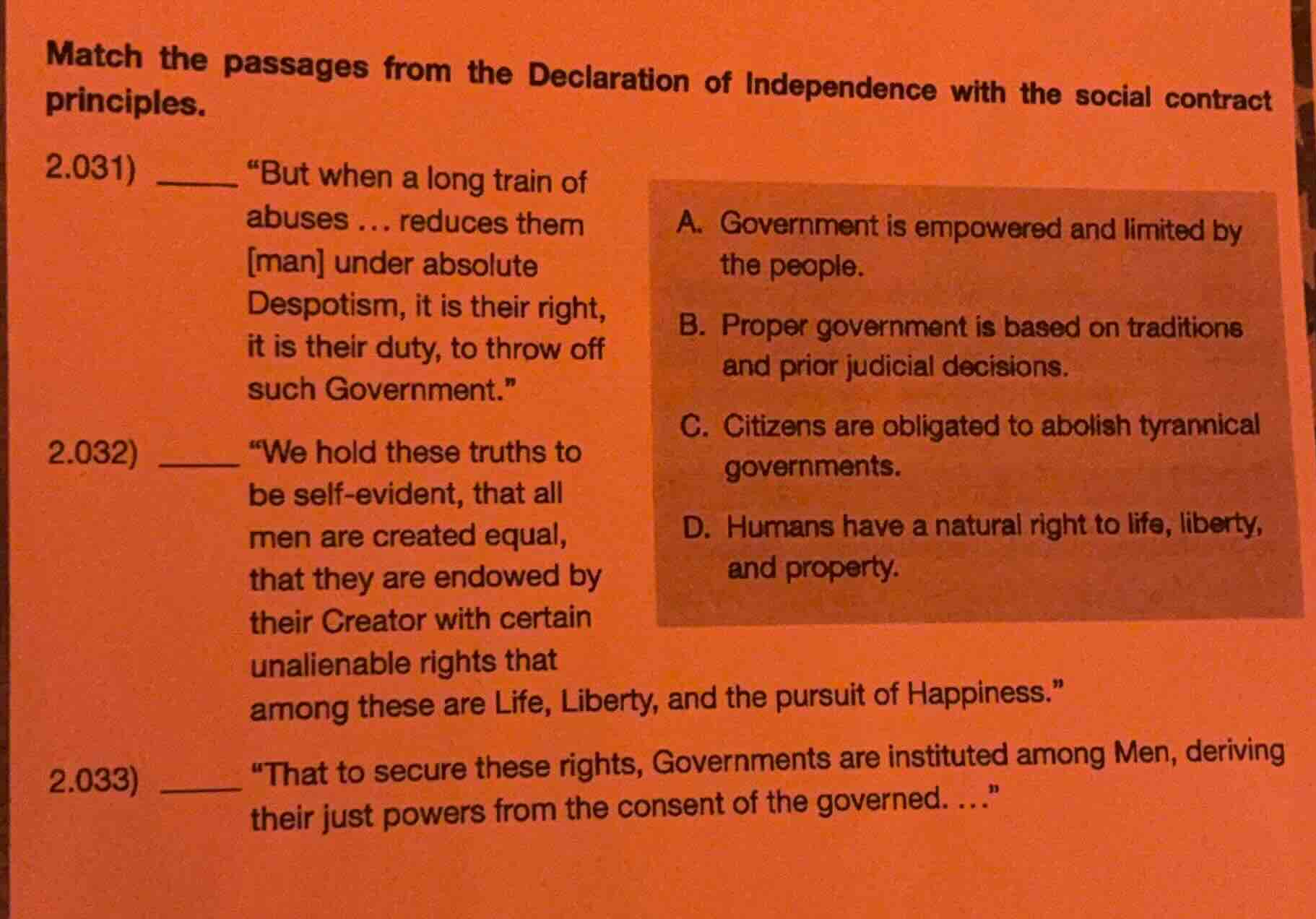 match the passages from the declaration of independence with the social…