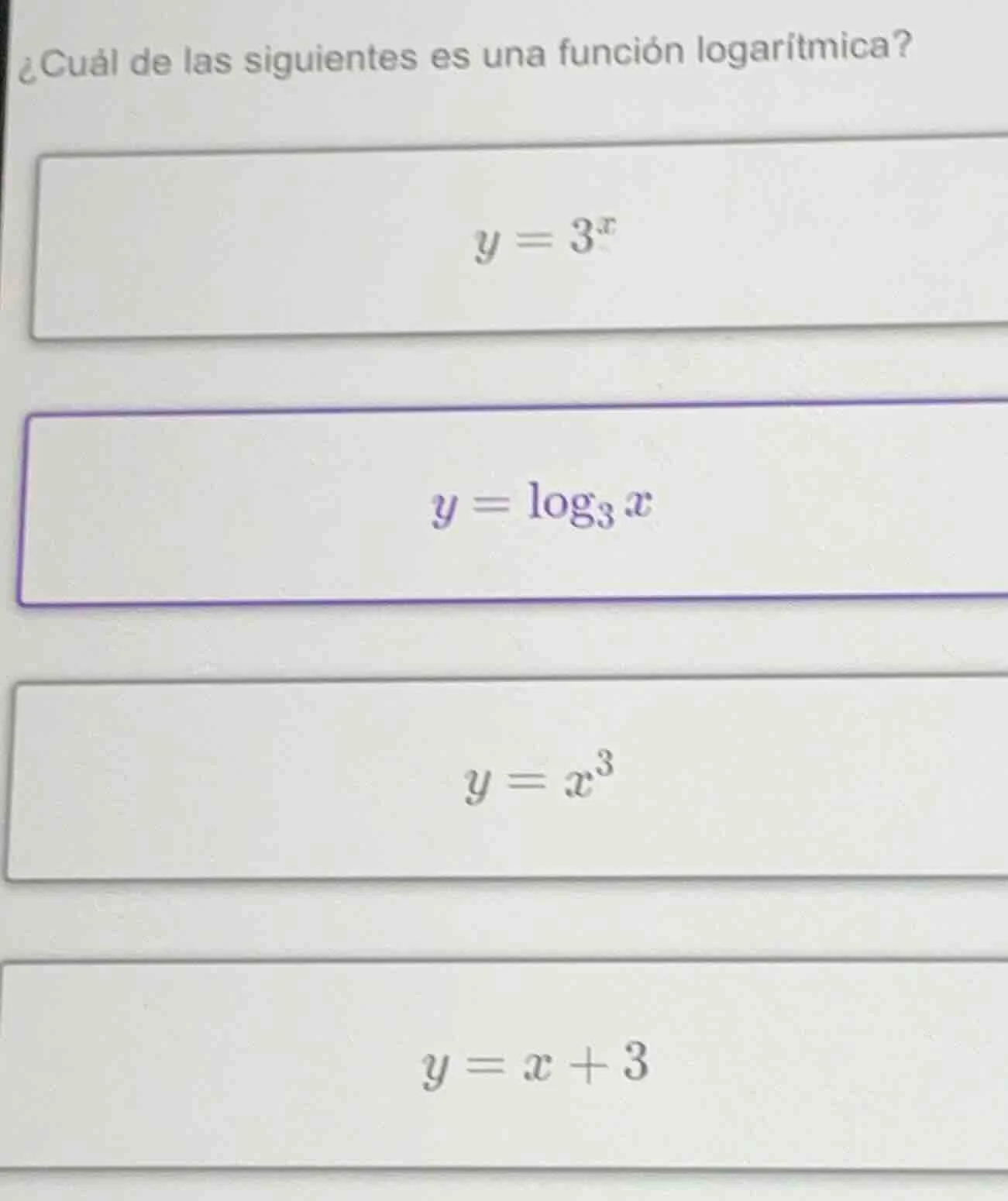 ¿cuál de las siguientes es una función logarítmica? $y = 3^x$ $y = \\lo…