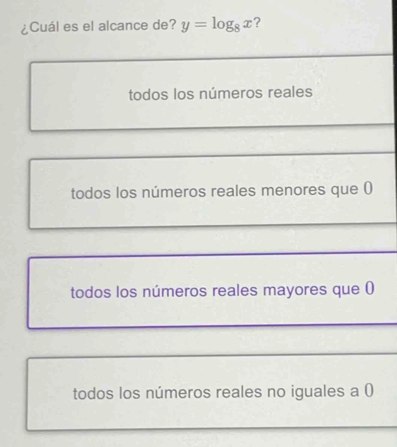 ¿cuál es el alcance de? $y = \\log_{8} x$? todos los números reales tod…