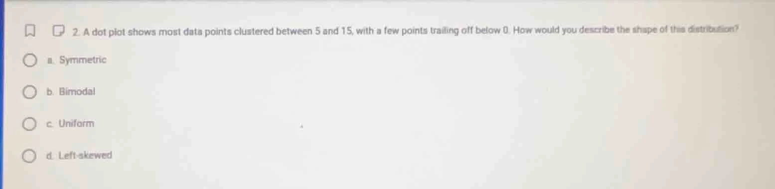2. a dot plot shows most data points clustered between 5 and 15, with a…