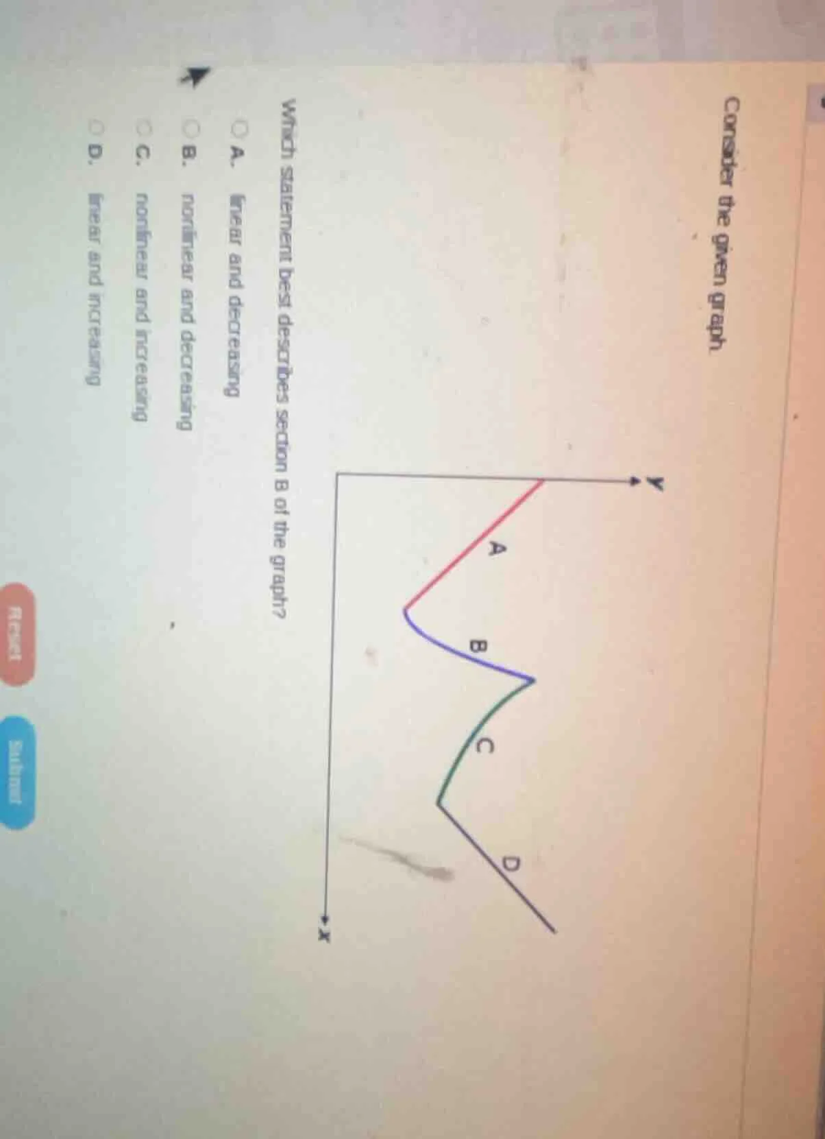 consider the given graph which statement best describes section b of th…