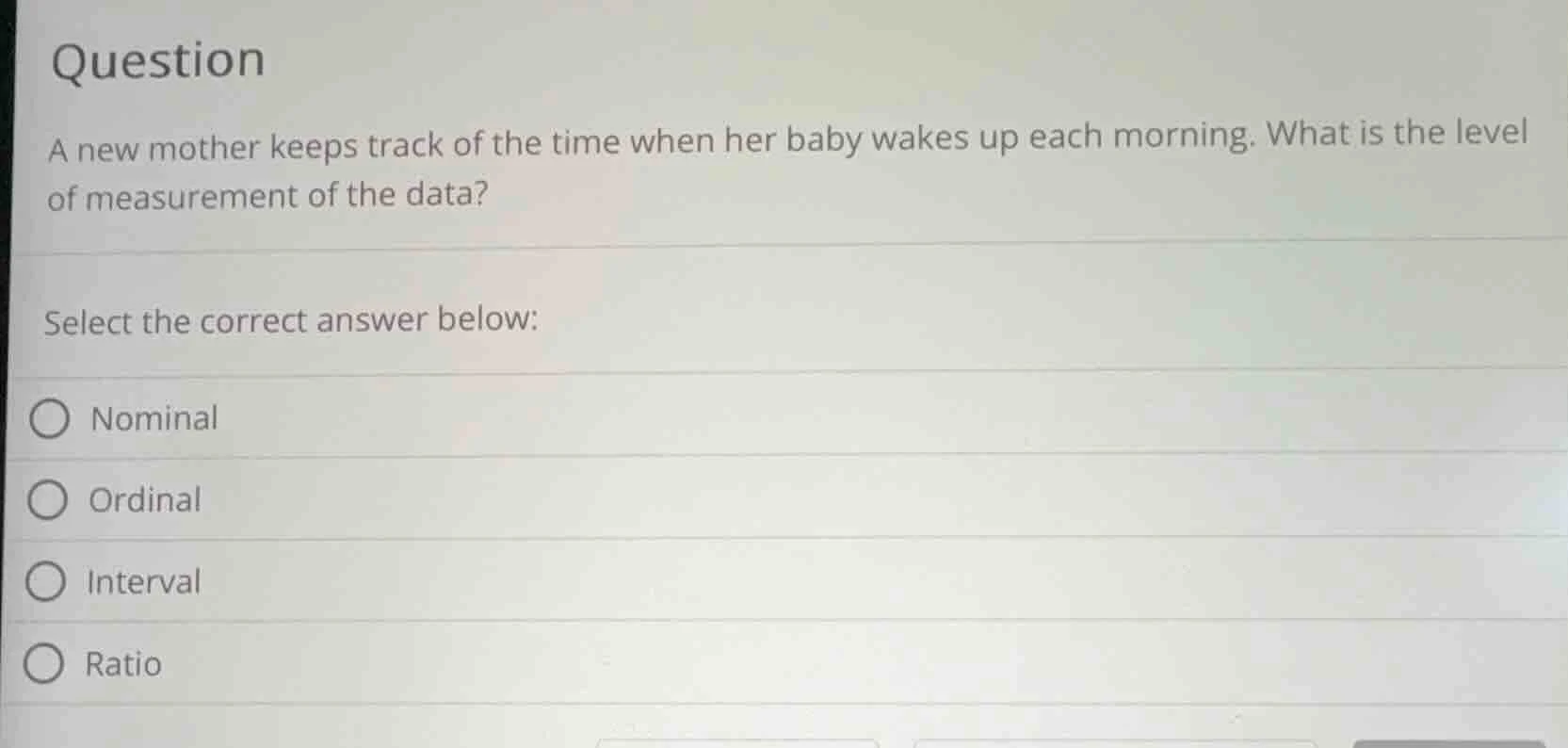 question a new mother keeps track of the time when her baby wakes up ea…